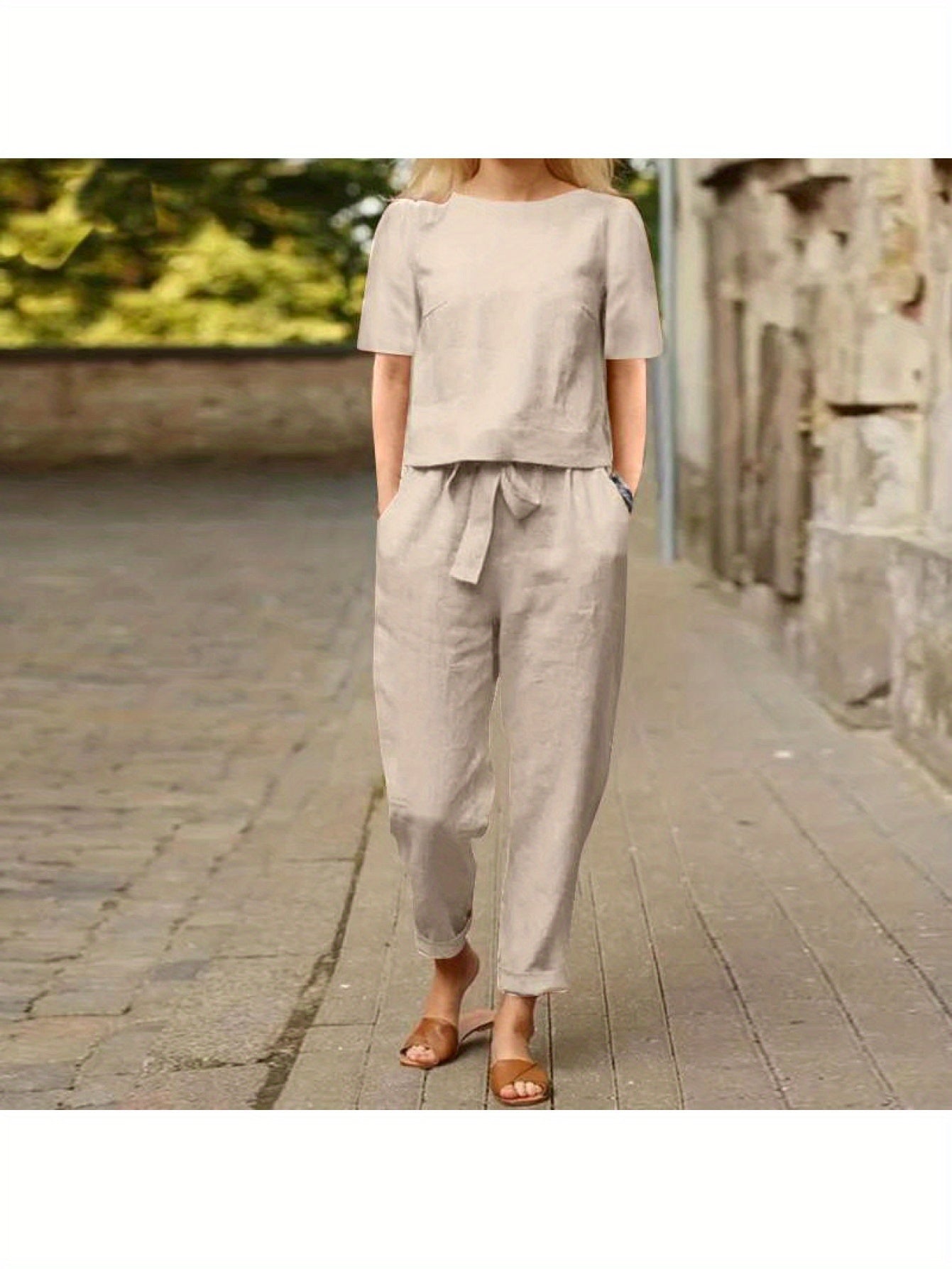 Womens Linen Summer Retro Matching Set With Oversized Blouse