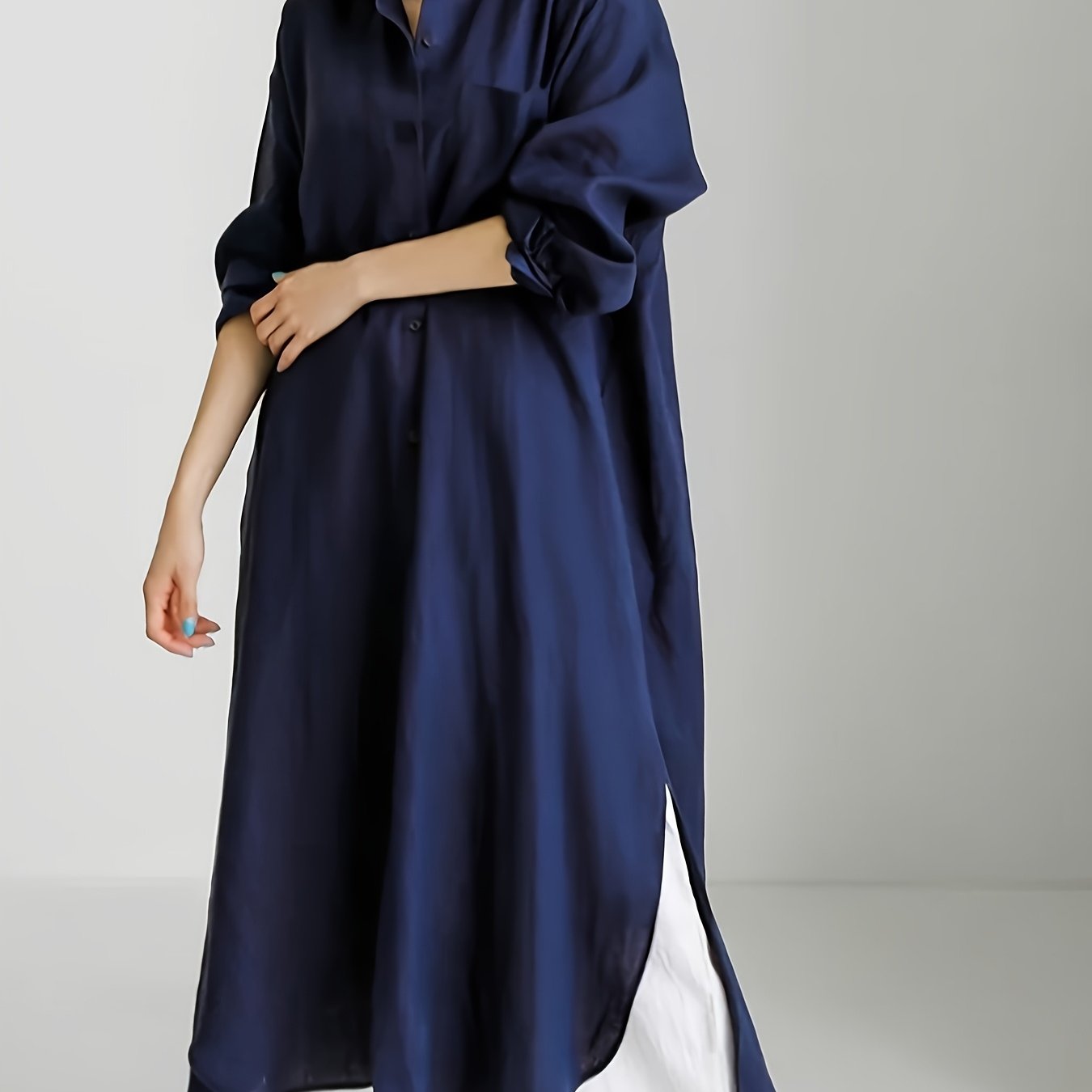Lapel Collar Linen Shirt Dress Button Front Solid Color
