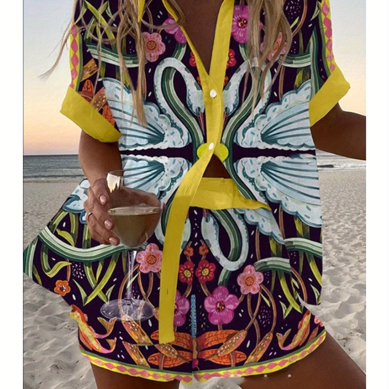 Spring Summer Fashion Women Printed Loose Short Sleeve Set