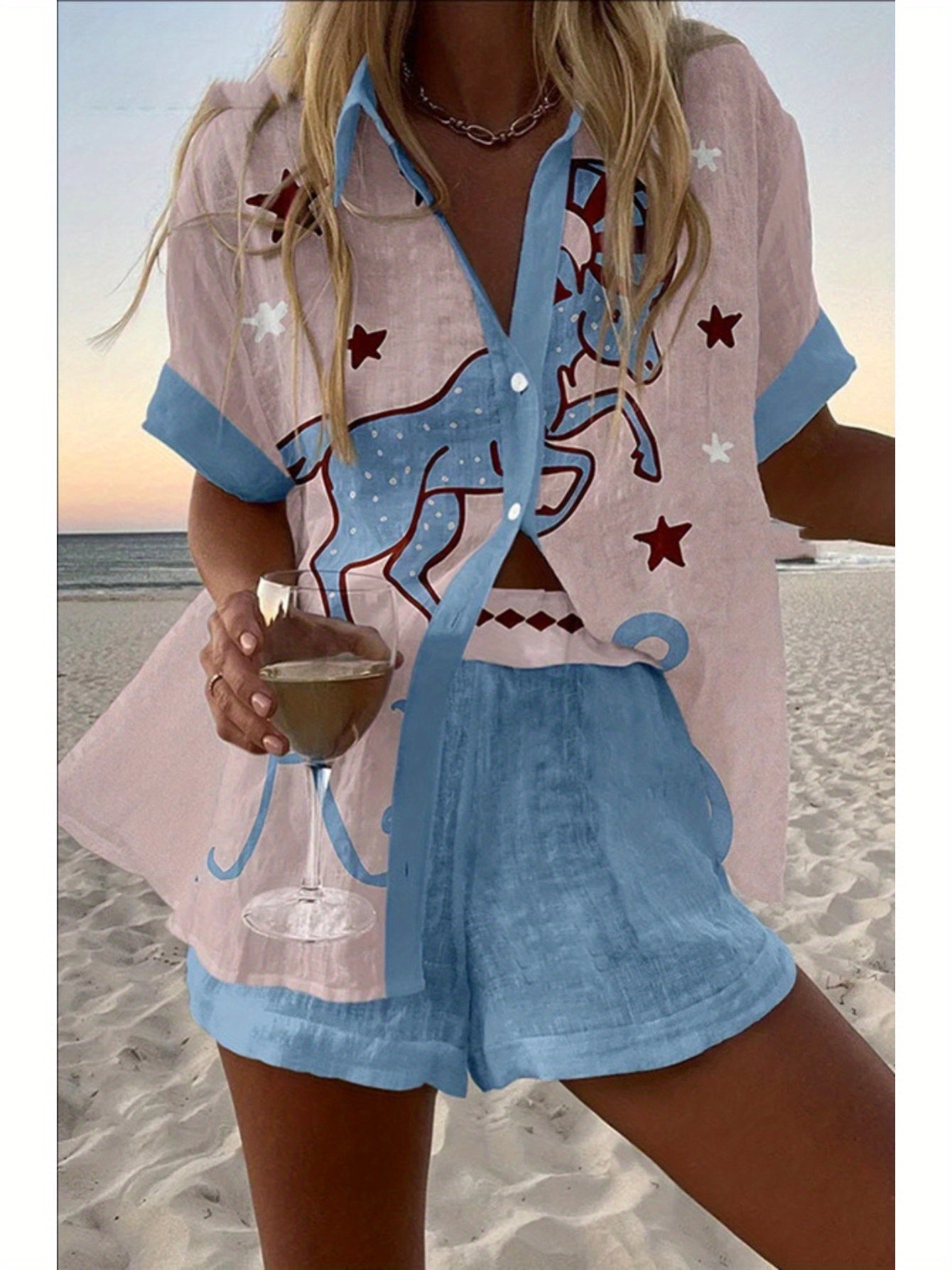 Spring Summer Fashion Women Printed Loose Short Sleeve Set