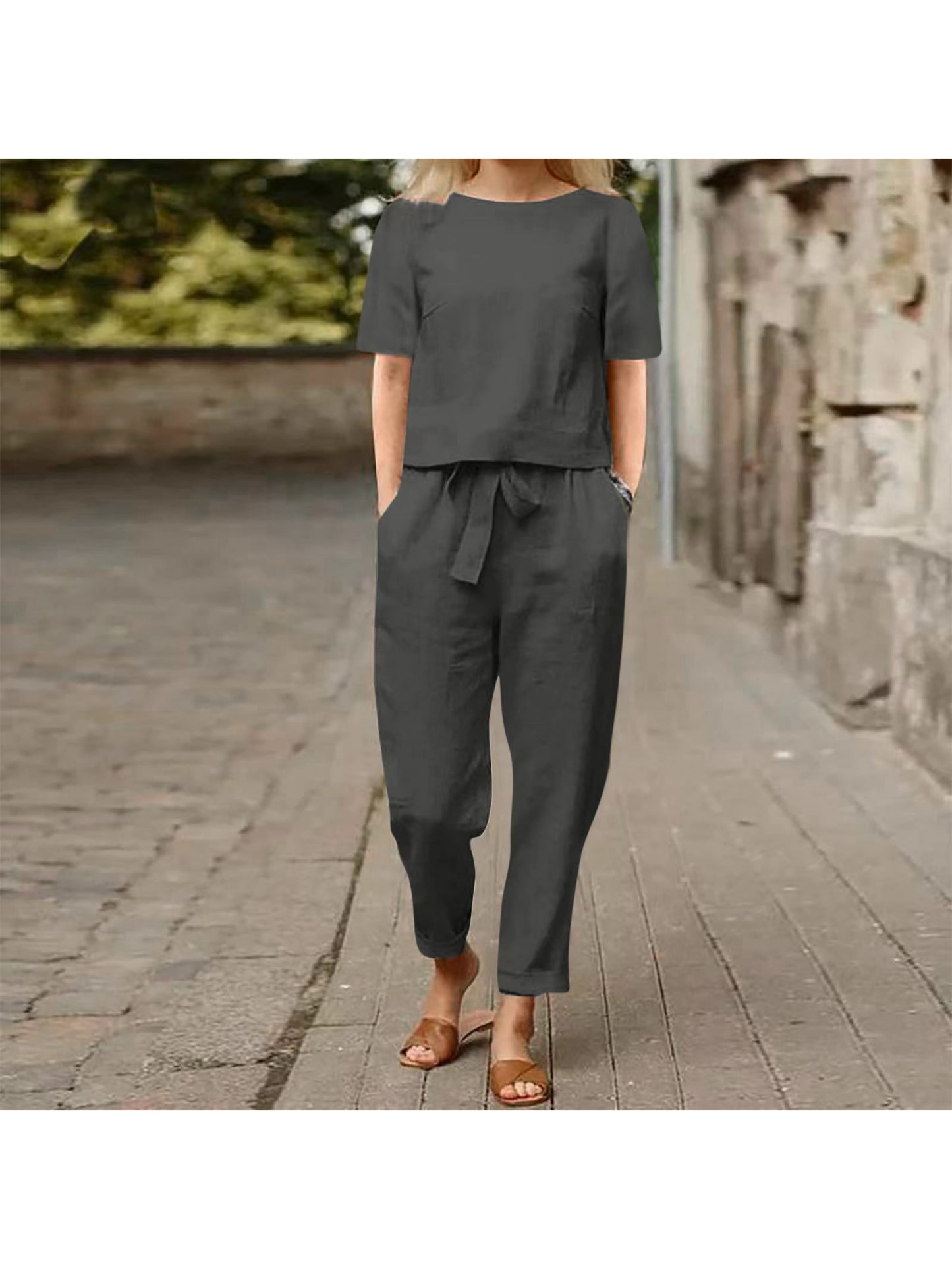 Womens Linen Summer Retro Matching Set With Oversized Blouse