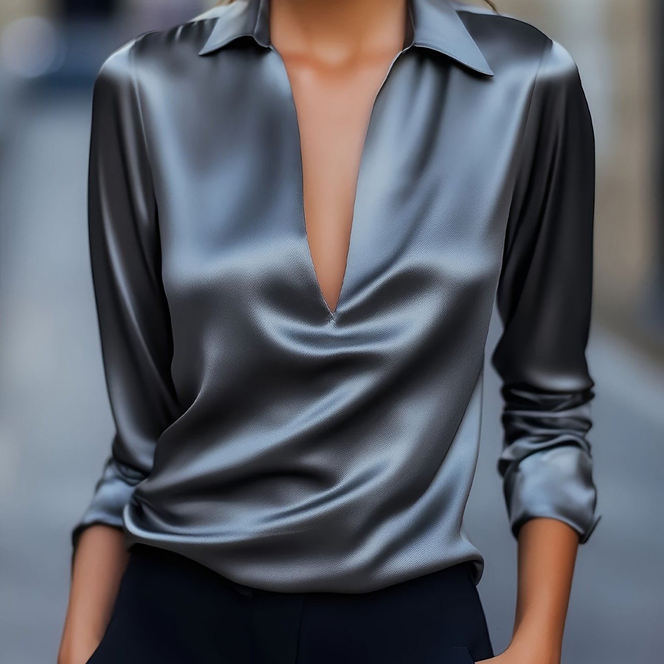 SCACTOC Satin V Neck Blouse Long Sleeve Button Up Shirt