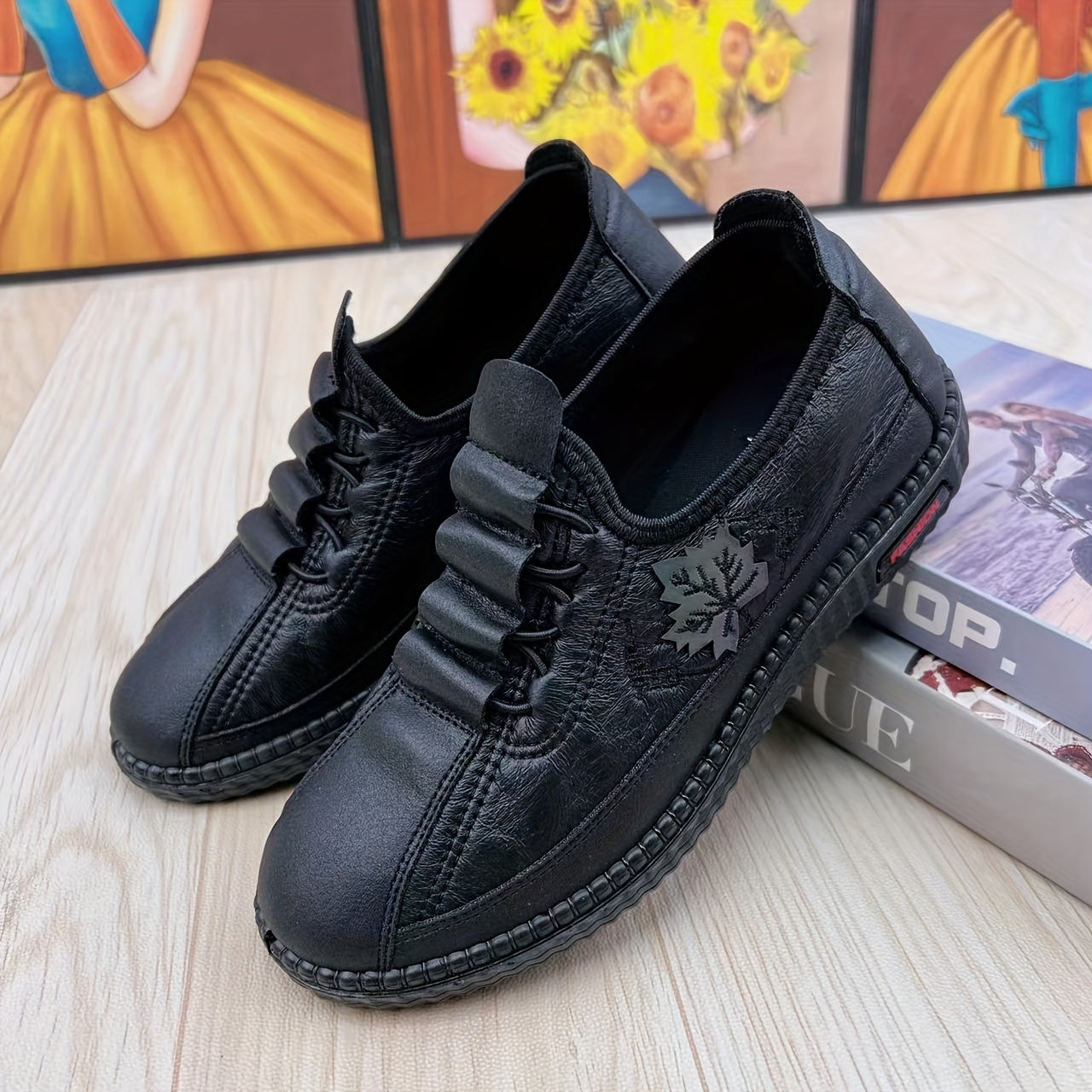 Women Genuine Loafers Non Slip Floral Pattern Lace Up Shoes