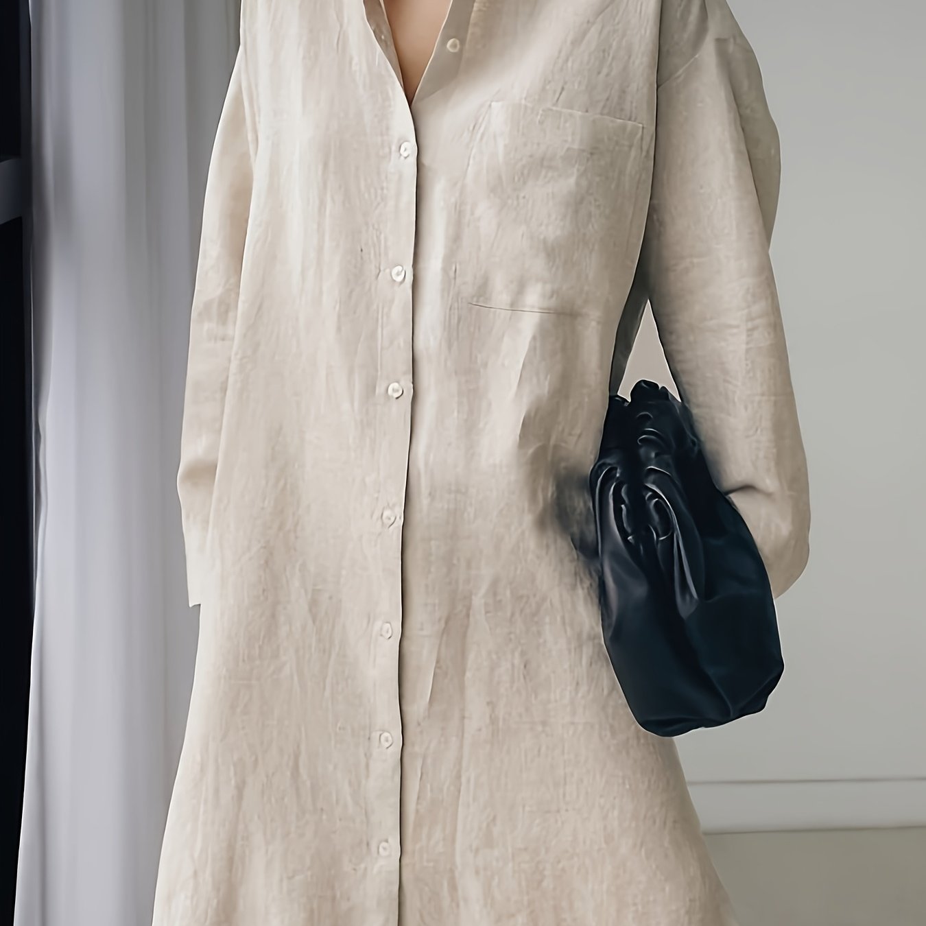 Lapel Collar Linen Shirt Dress Button Front Solid Color