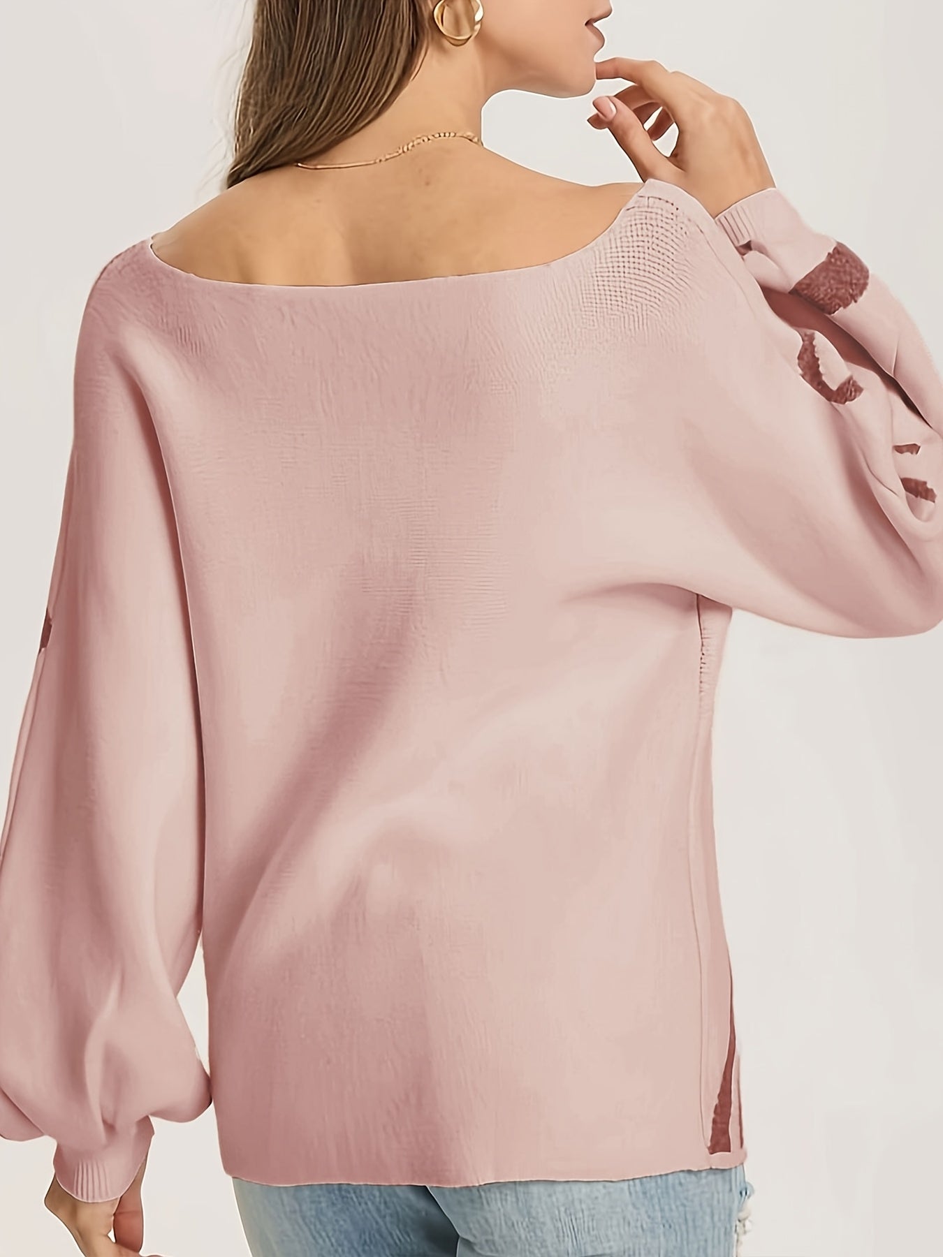 Random Pattern Boat Neck Pullover Sweater Lantern Sleeve