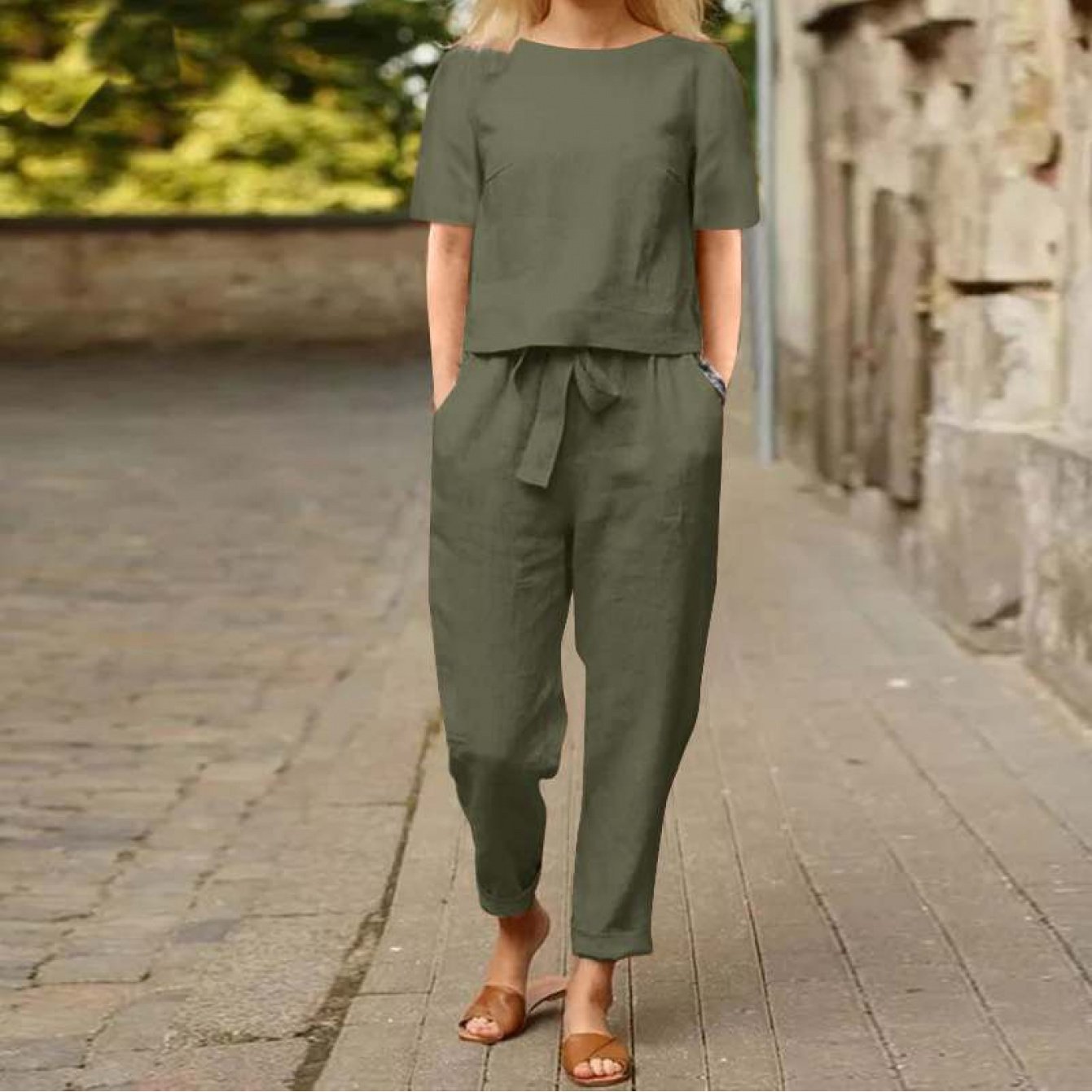 Womens Linen Summer Retro Matching Set With Oversized Blouse