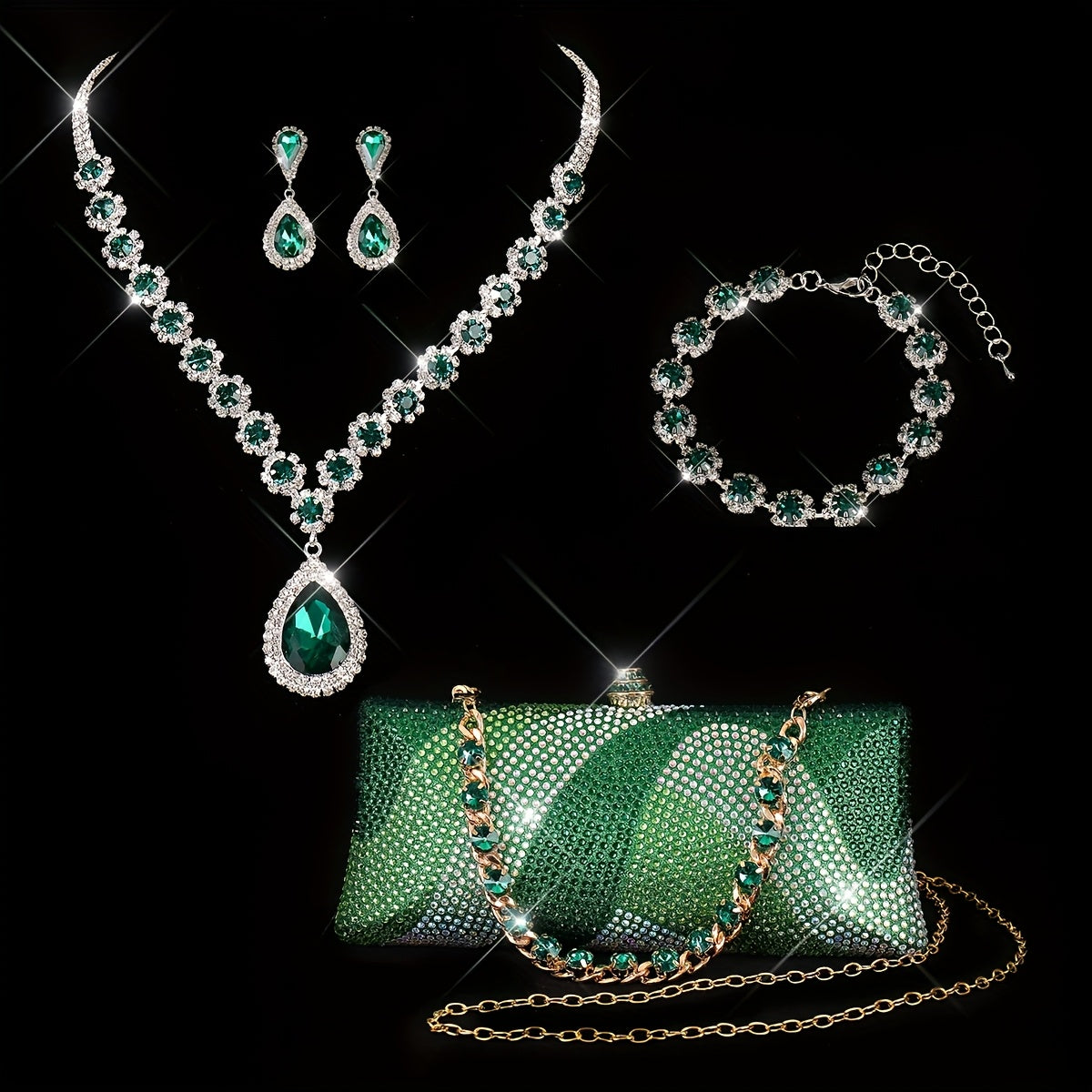 Geometric Crystal Evening Clutch Bag Kiss Lock Closure Set