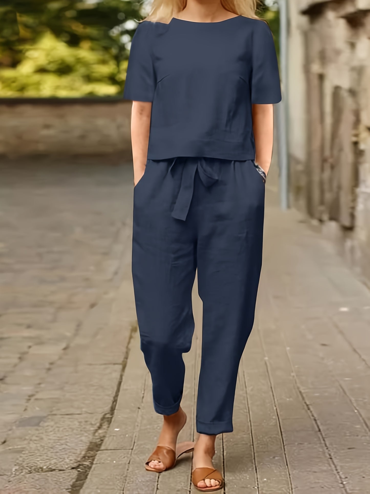 Cotton Womens 2 Piece Short Sleeve Wide Leg Pajama Set