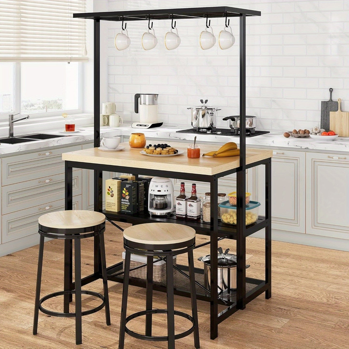 Merxeng Kitchen Island Bakers Rack With 3-Tier Storage