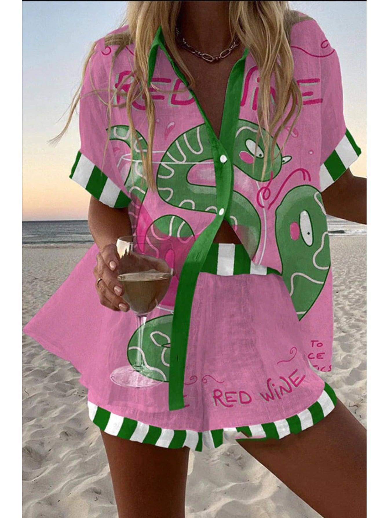 Spring Summer Fashion Women Printed Loose Short Sleeve Set