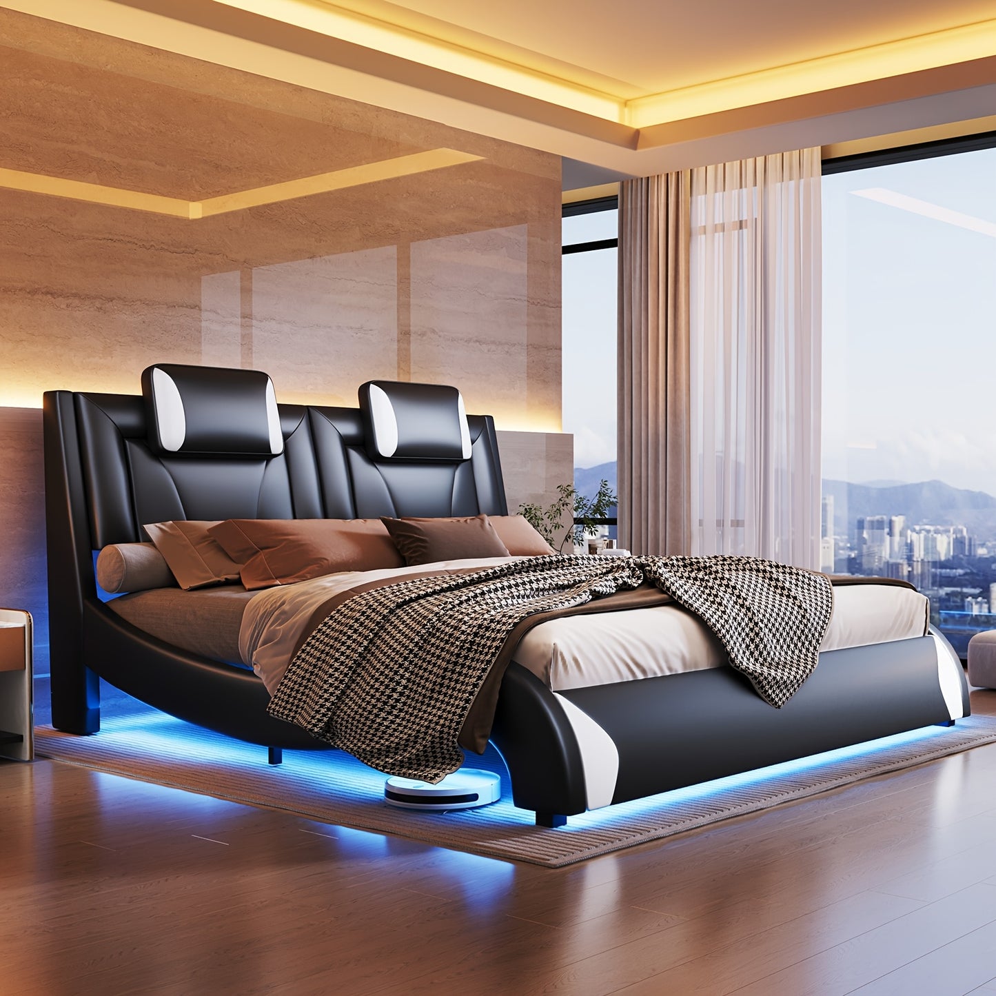 LUXOAK Platform Bed Faux Leather With LED Lighting