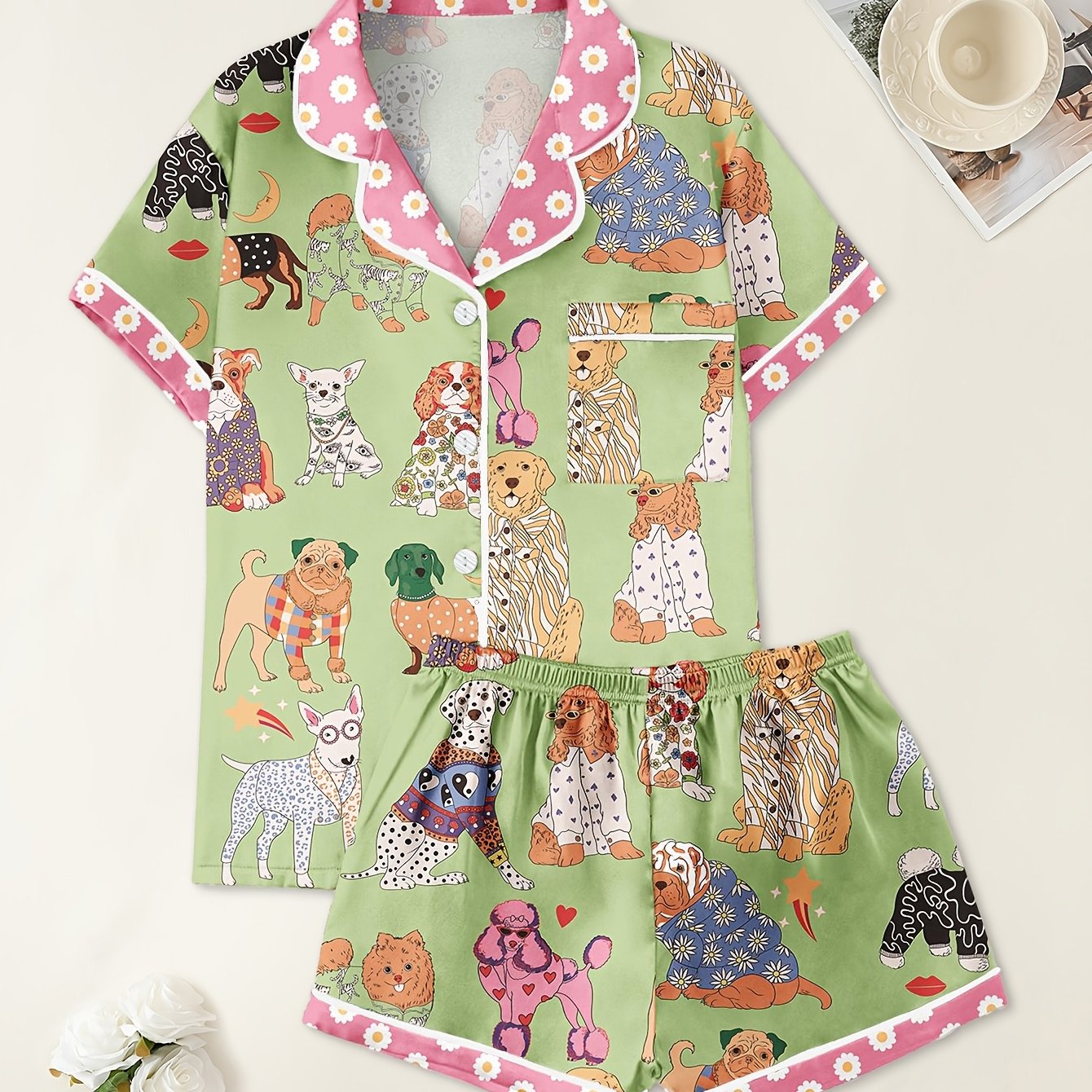 Womens Dog Print Pajama Set Satin Blend With Pocket Shorts