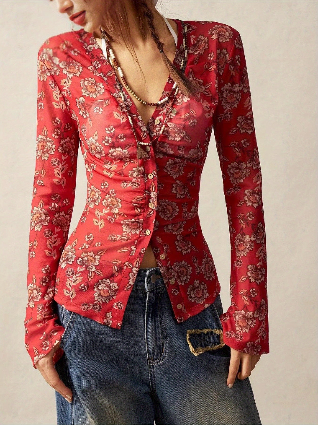 SCACTO Floral Print V Neck Shirt For Everyday Casual Wear