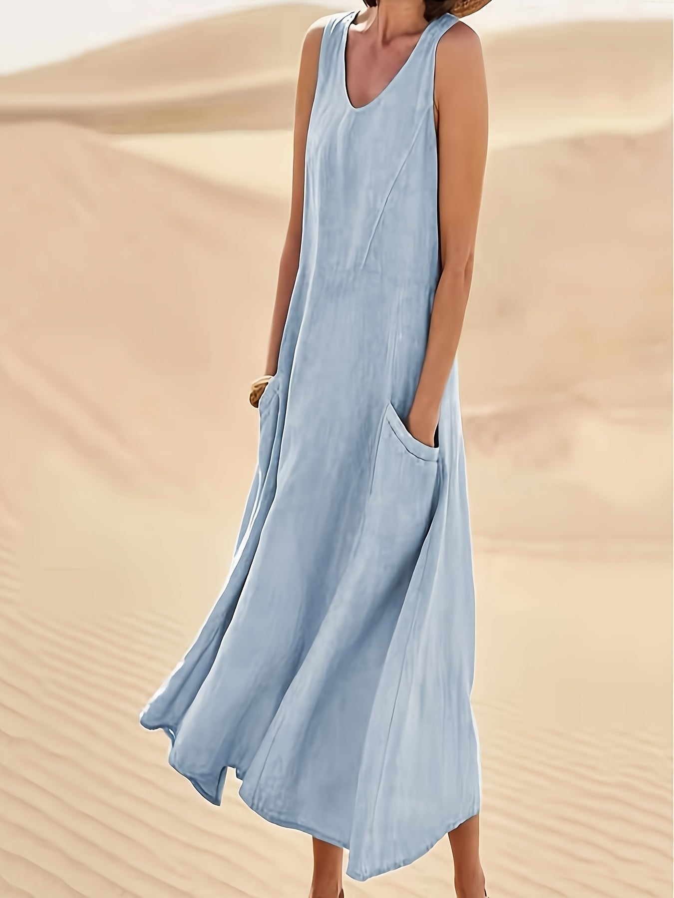 Cotton Linen Summer V Neck Sleeveless Long Dress For Women