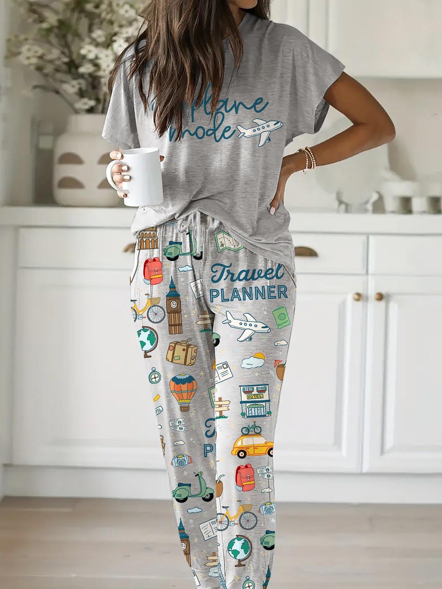 SHESHOW Travel Planner Pajama Set Women Casual Sleepwear