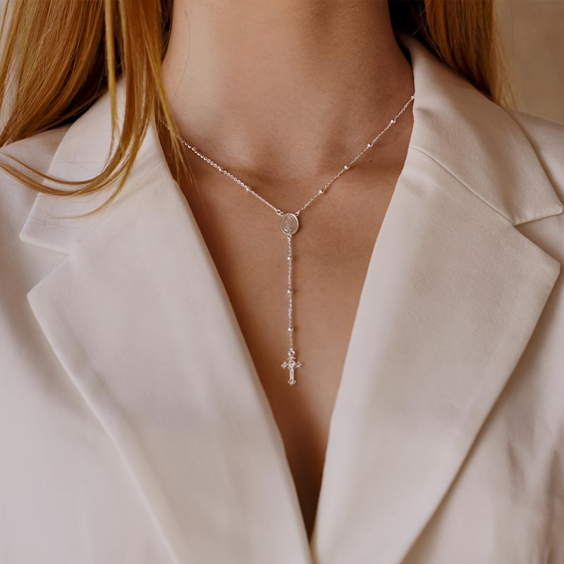 Artpage 925 Sterling Silver Rosary Cross Necklace Y Shape