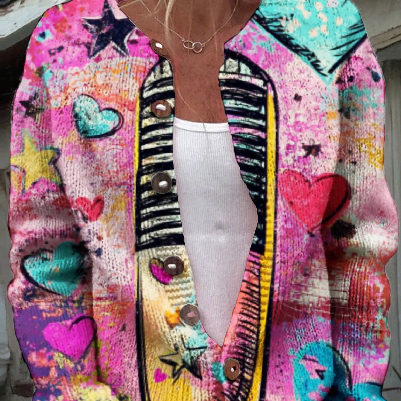 Patchwork Cardigan With Heart And Star Patterns Knitwear