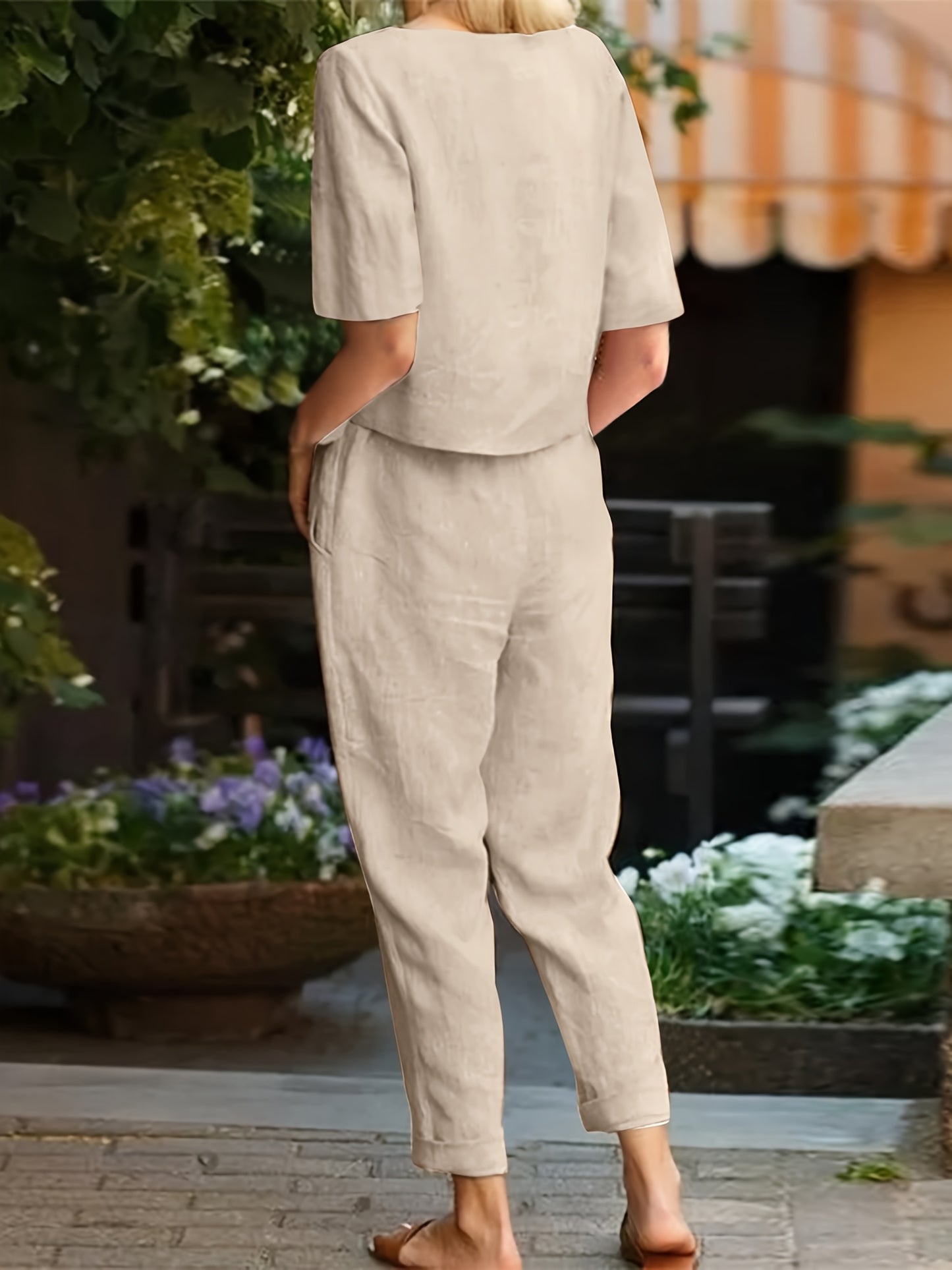 Cotton Womens 2 Piece Short Sleeve Wide Leg Pajama Set