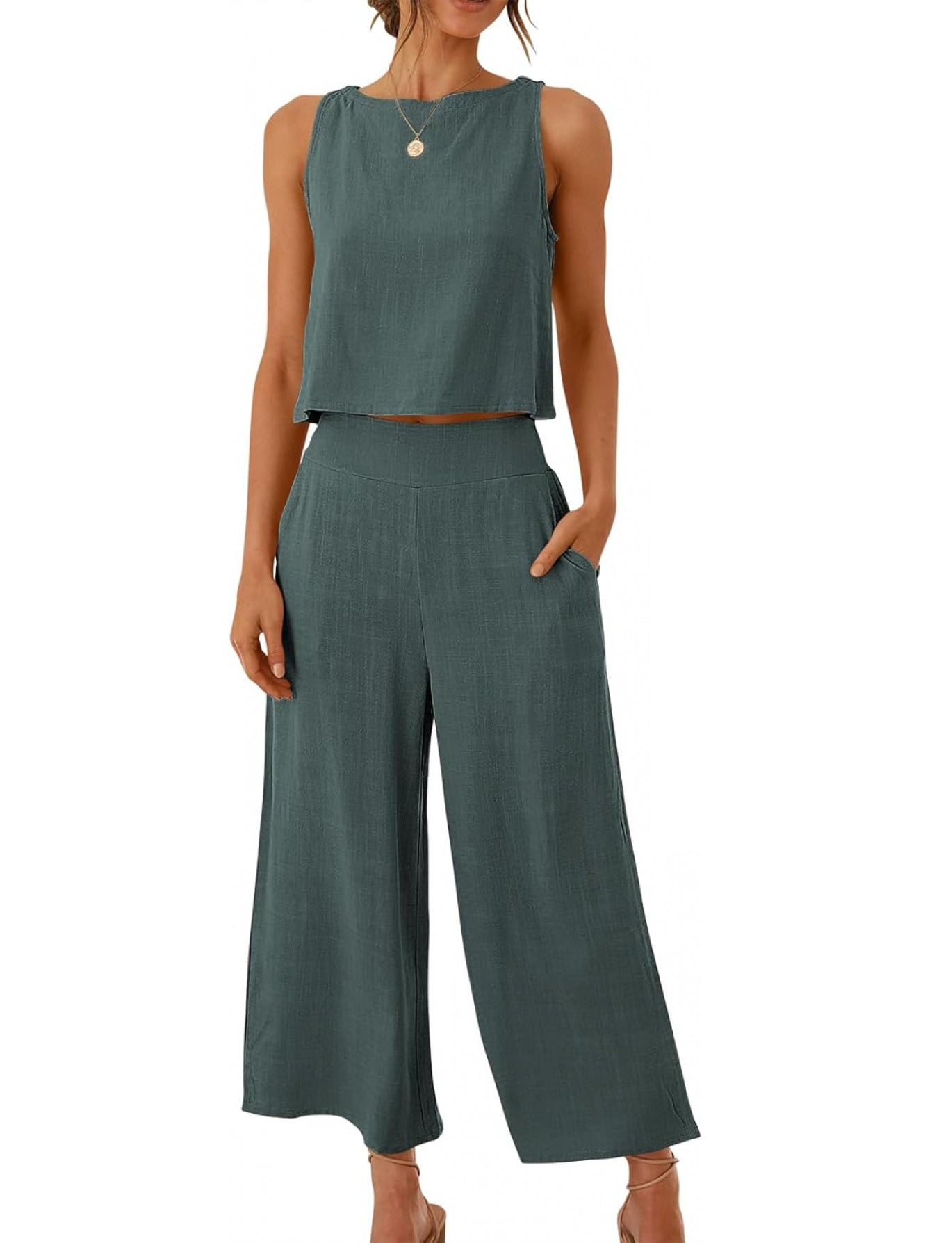 Women Linen Two Piece Jumpsuit Set Beachwear Breathable