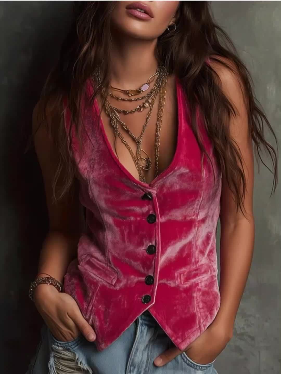 Velvet Vest With Deep V-Neck And Button Front Closure