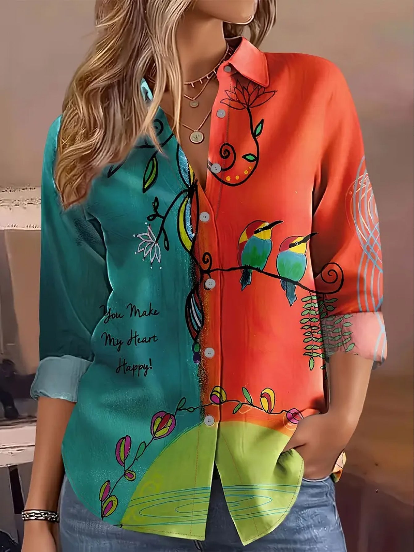 Vintage Women's Long Sleeve Button Front Shirt With Collar