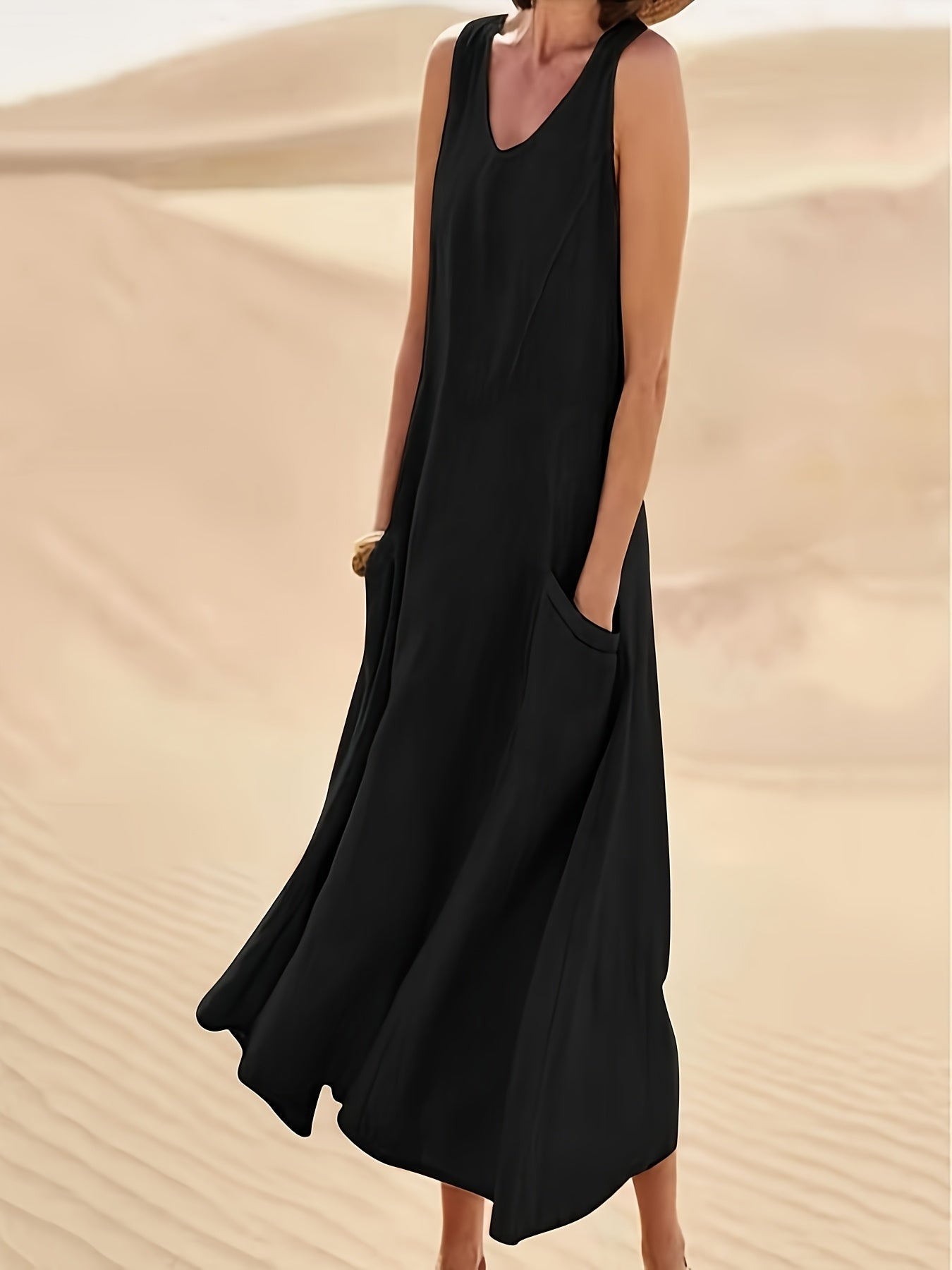 Cotton Linen Summer V Neck Sleeveless Long Dress For Women
