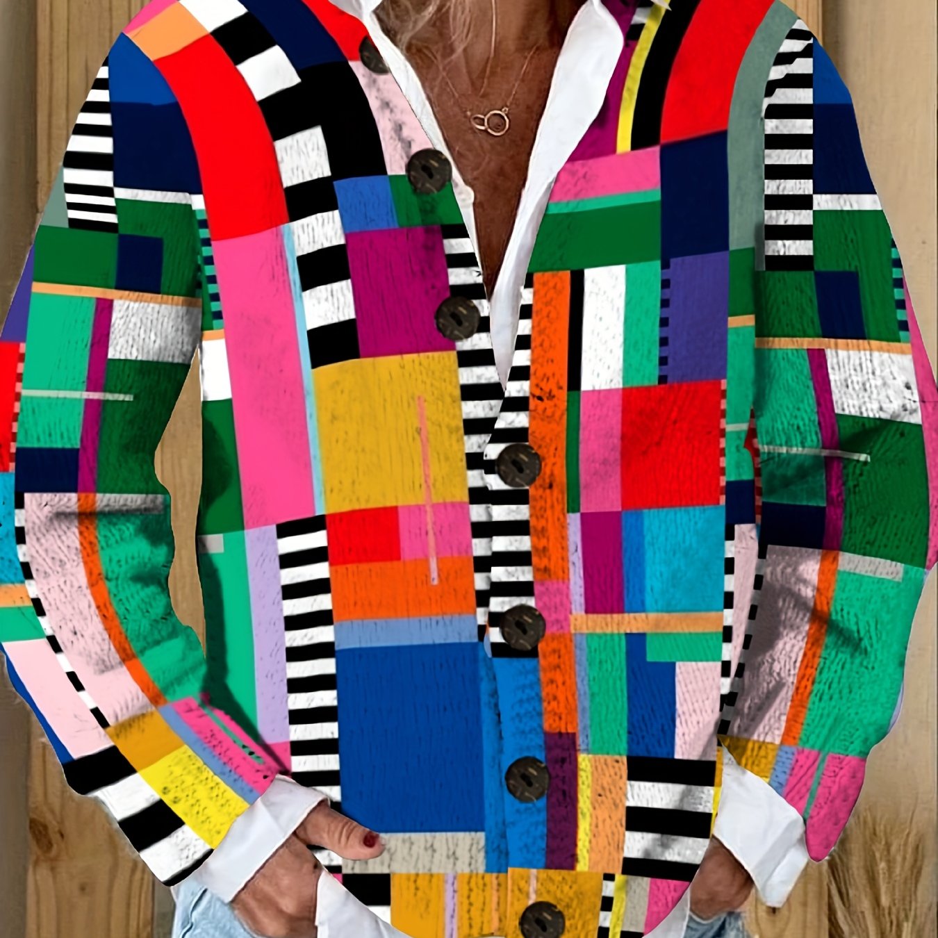 Women's 3D Geometric Print Cardigan With Notched Lapel