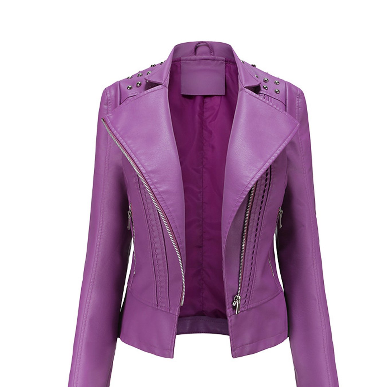 Scacto Women's Faux Leather Lapel Jacket With Beaded Studded Collar