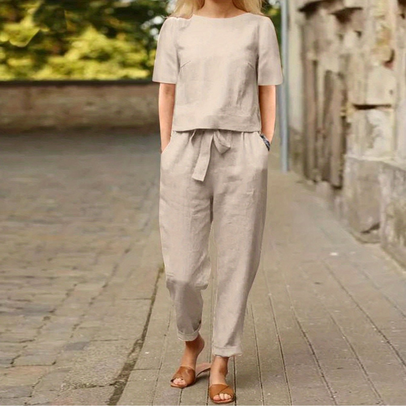 Womens Linen Summer Retro Matching Set With Oversized Blouse