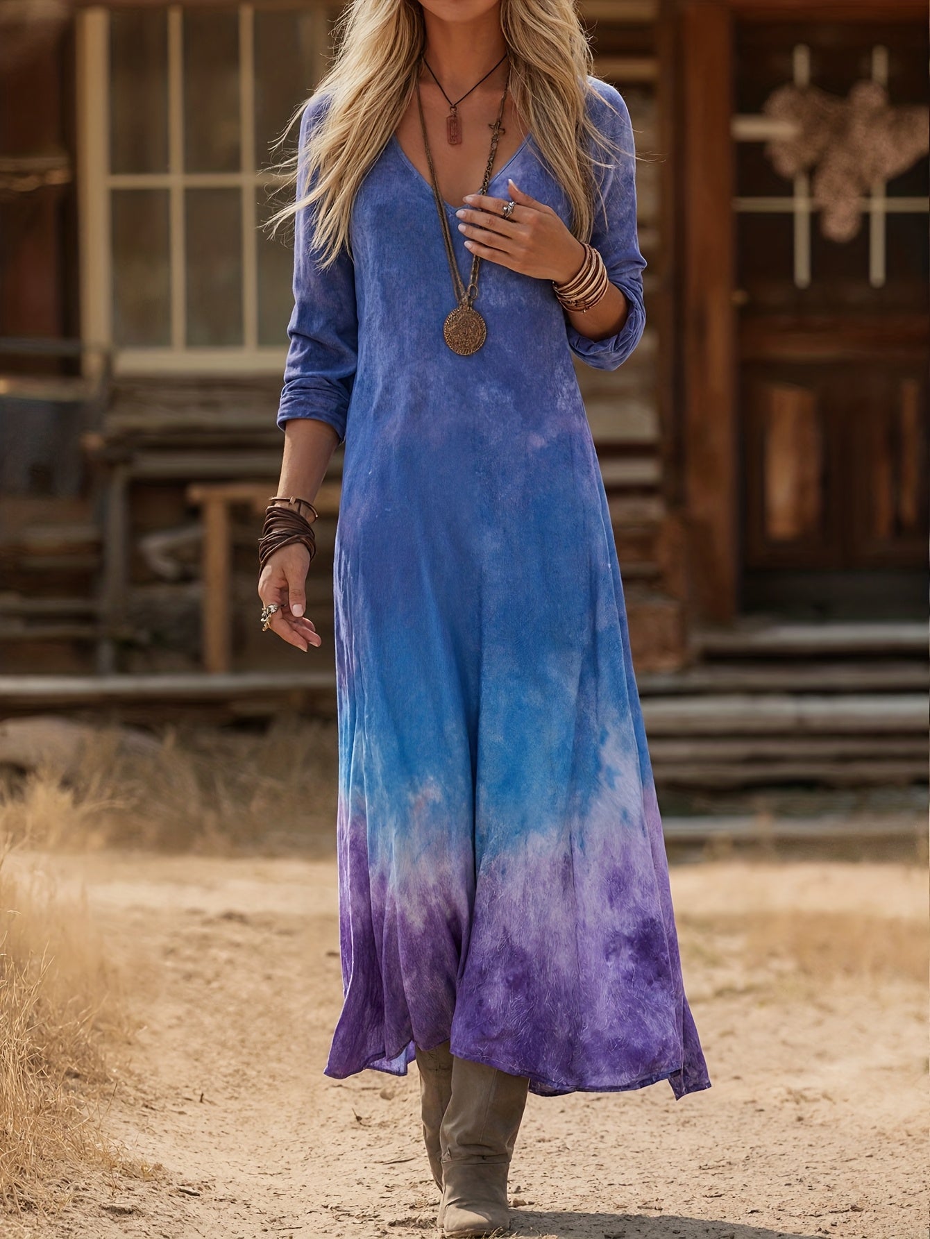 Ombre Gradient V Neck Maxi Dress With Long Sleeves