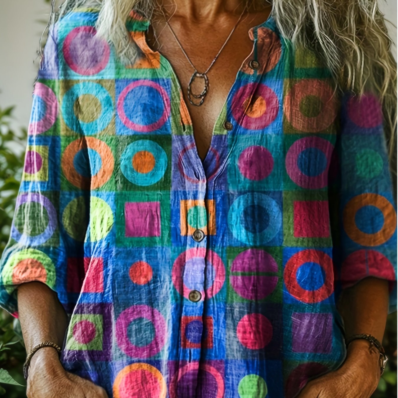 Boho Geometric Print Button Shirt For Women Loose Fit