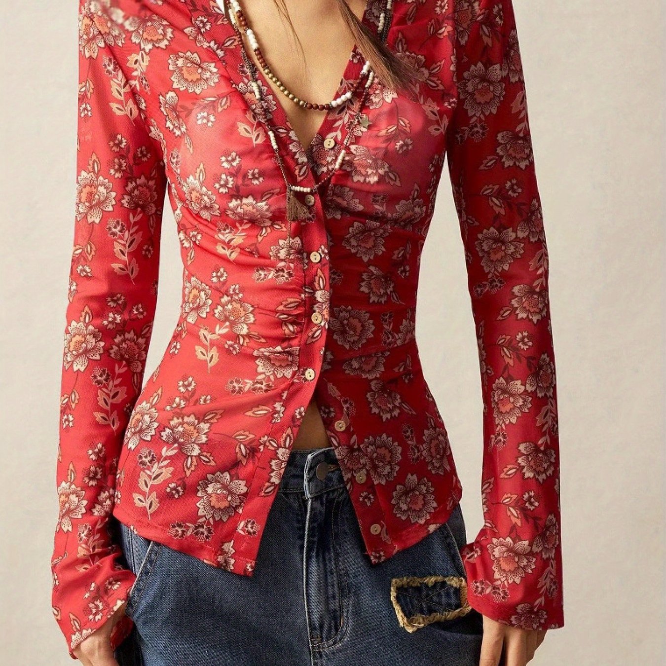 SCACTO Floral Print V Neck Shirt For Everyday Casual Wear