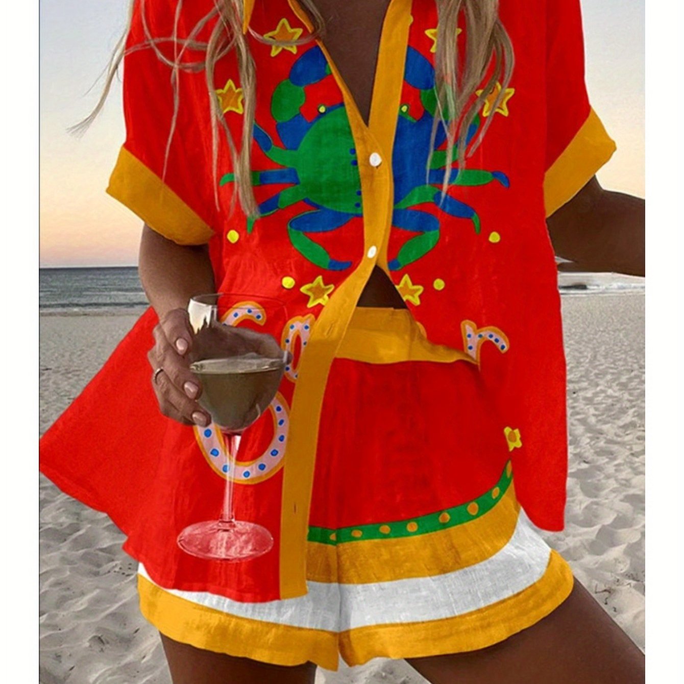 Spring Summer Fashion Women Printed Loose Short Sleeve Set