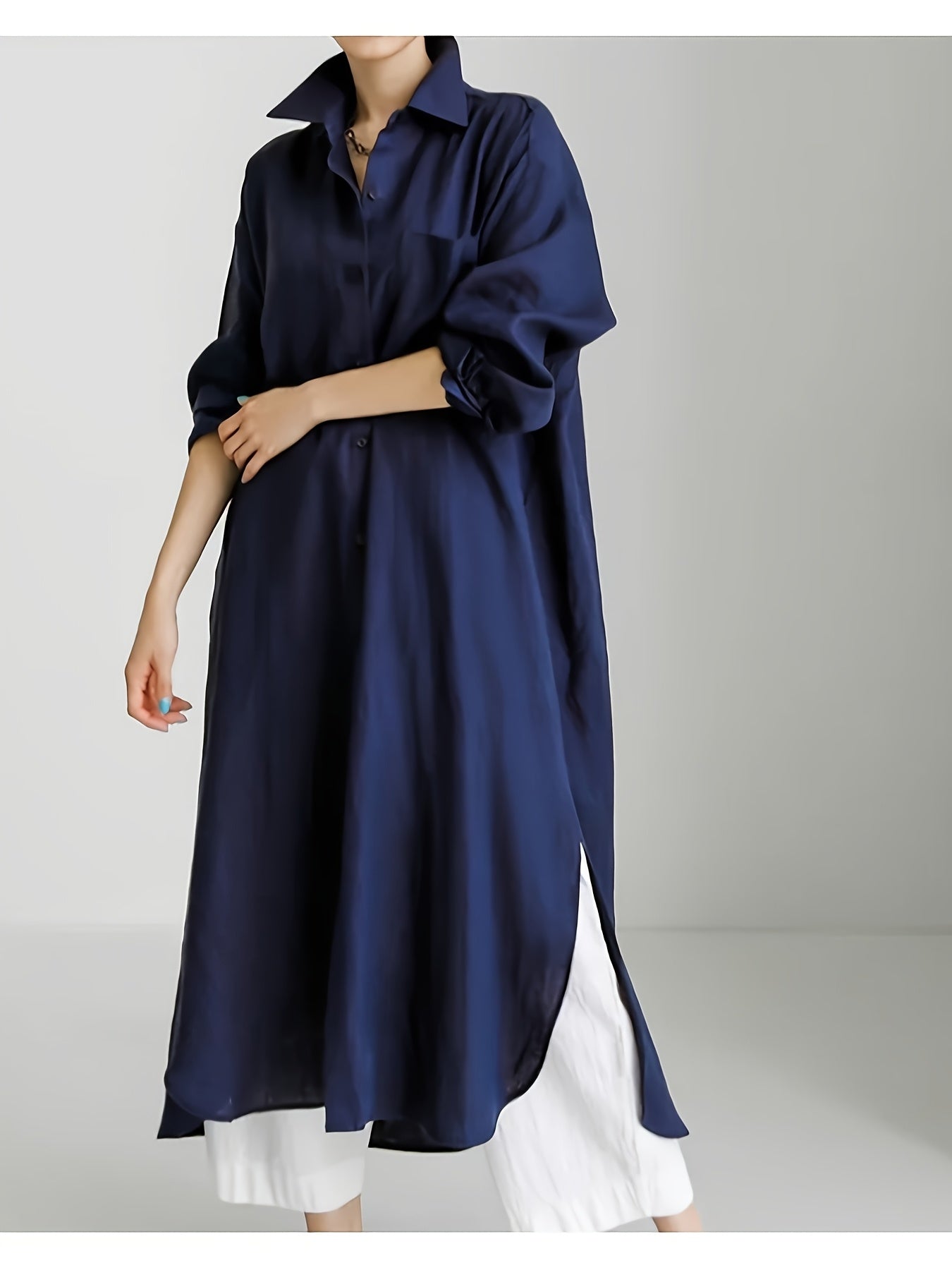 Lapel Collar Linen Shirt Dress Button Front Solid Color
