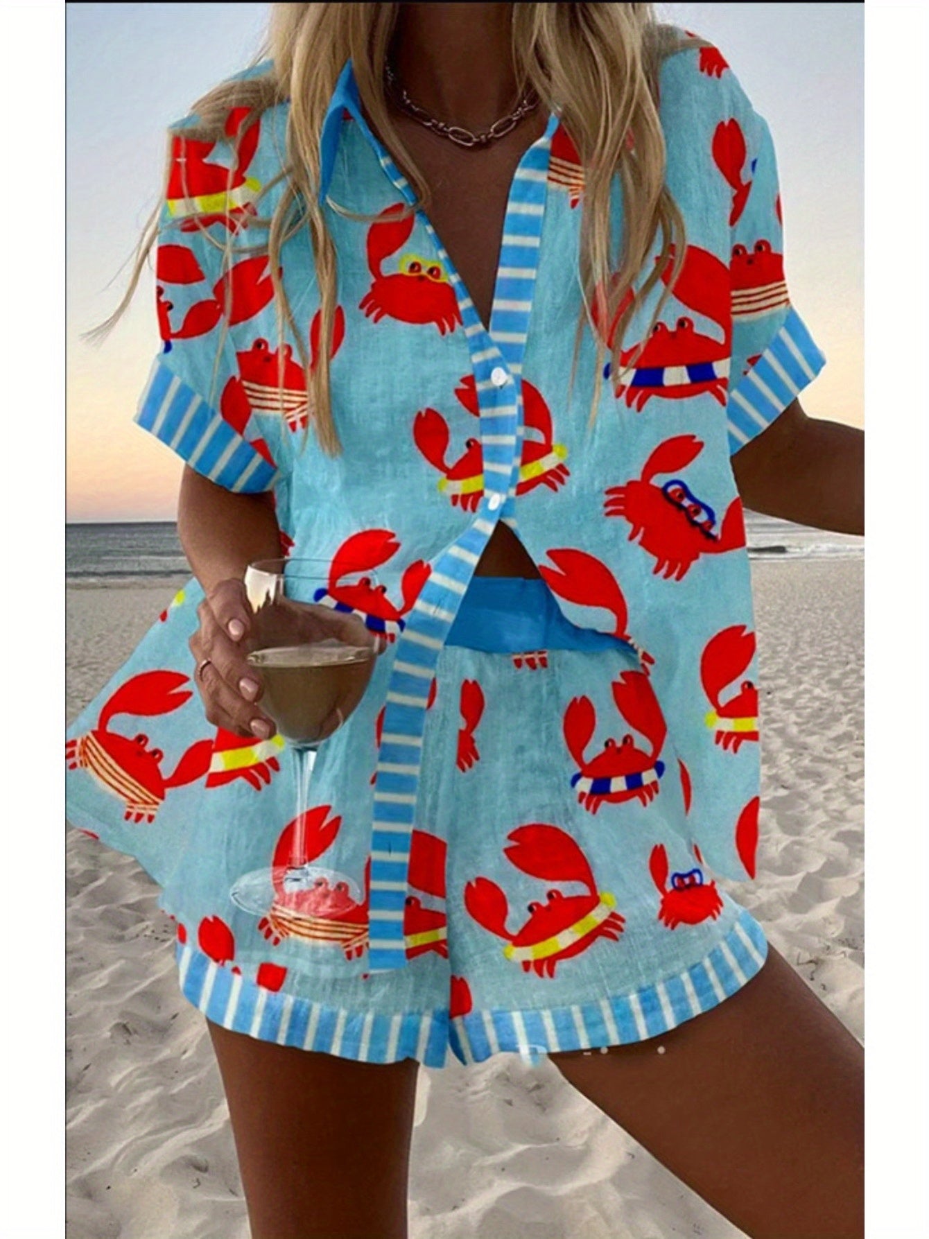 Spring Summer Fashion Women Printed Loose Short Sleeve Set