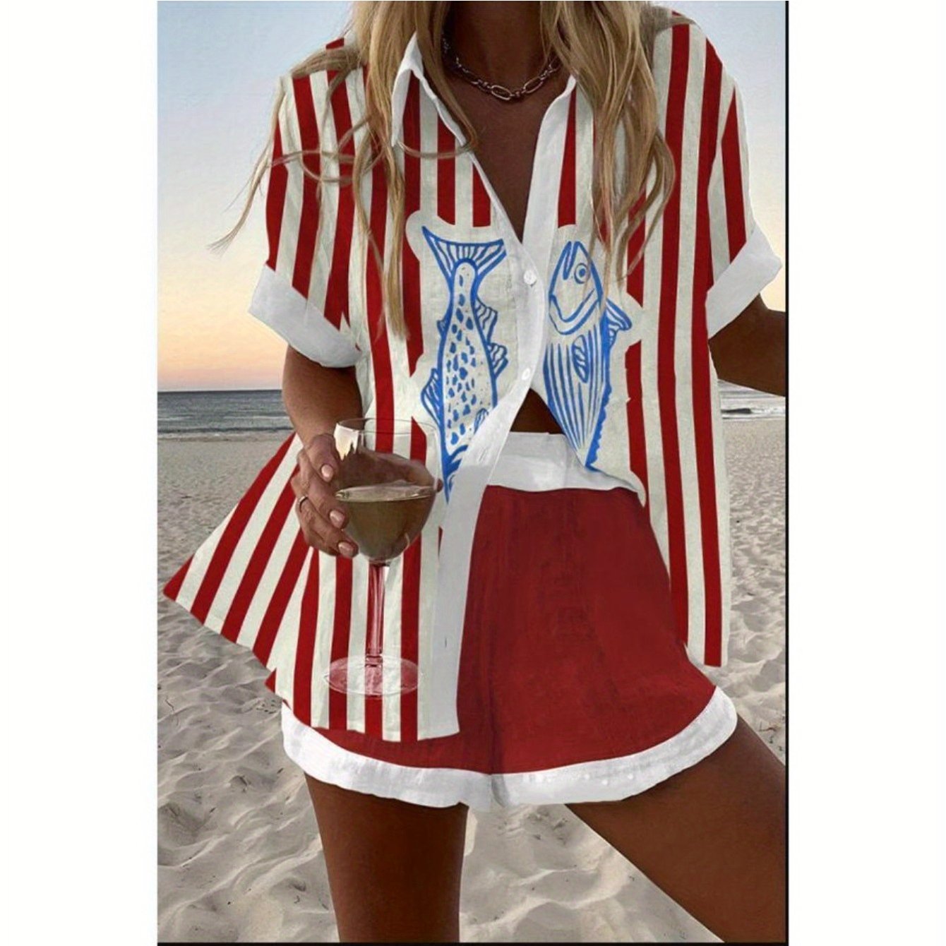 Spring Summer Fashion Women Printed Loose Short Sleeve Set