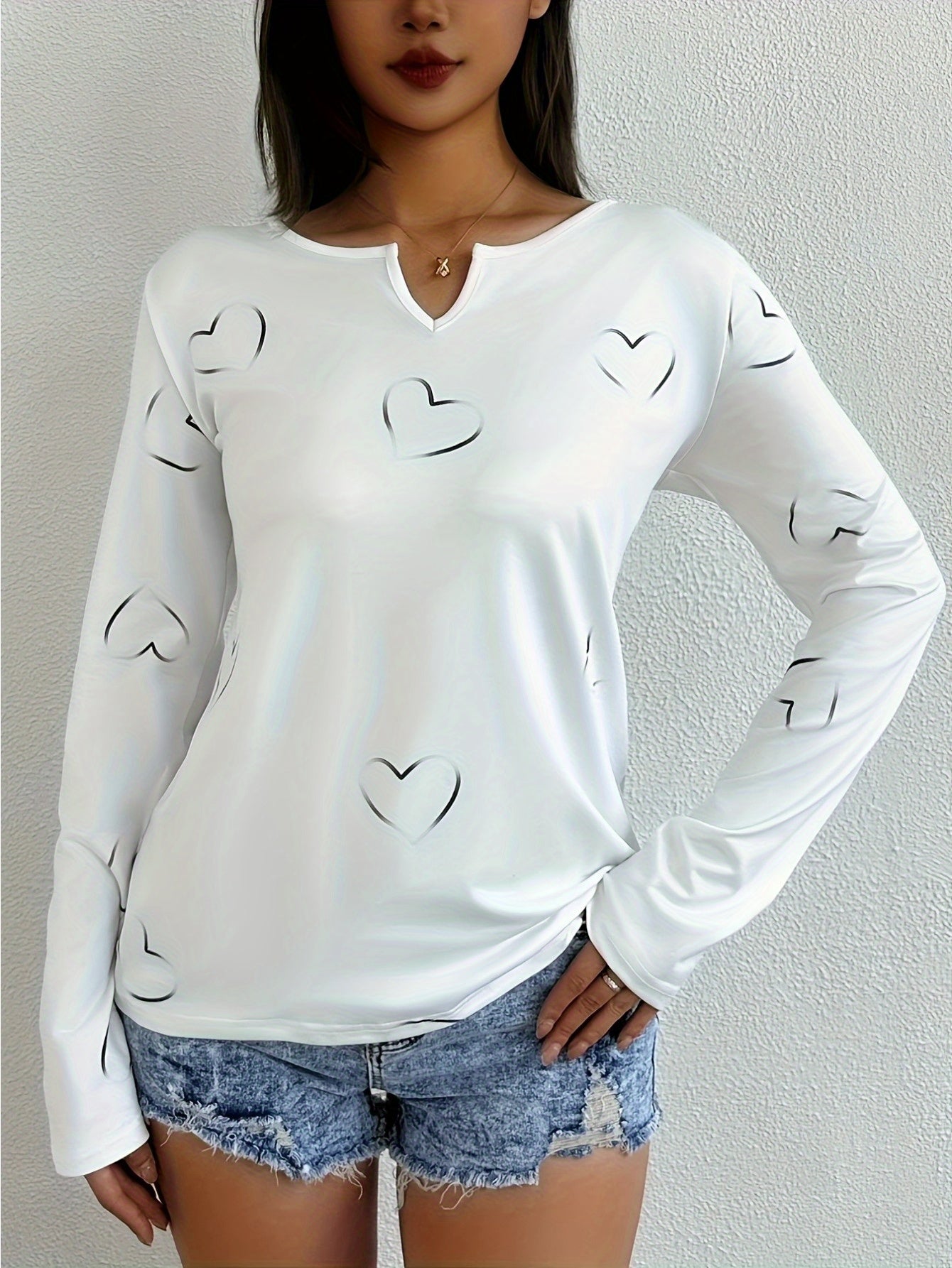 Womens Casual V Neck Long Sleeve T Shirt With Heart Print