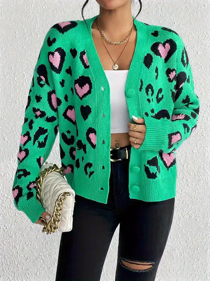 Elegant Leopard Hearts Cardigan Open Front Button Sweater