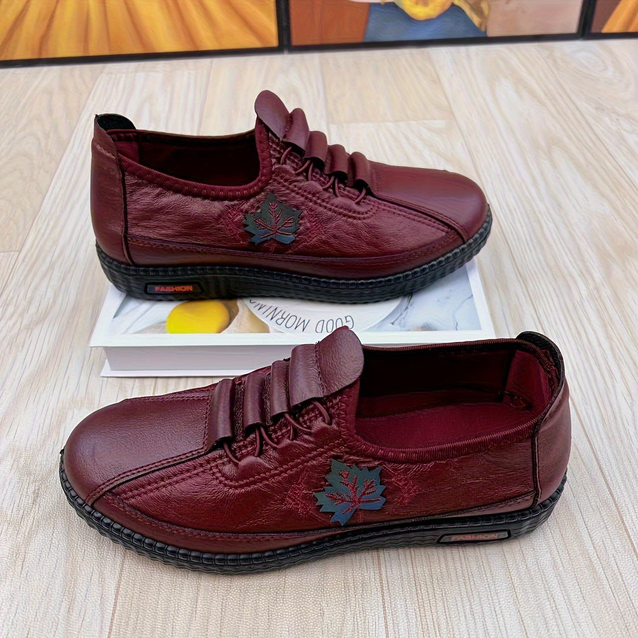 Women Genuine Loafers Non Slip Floral Pattern Lace Up Shoes
