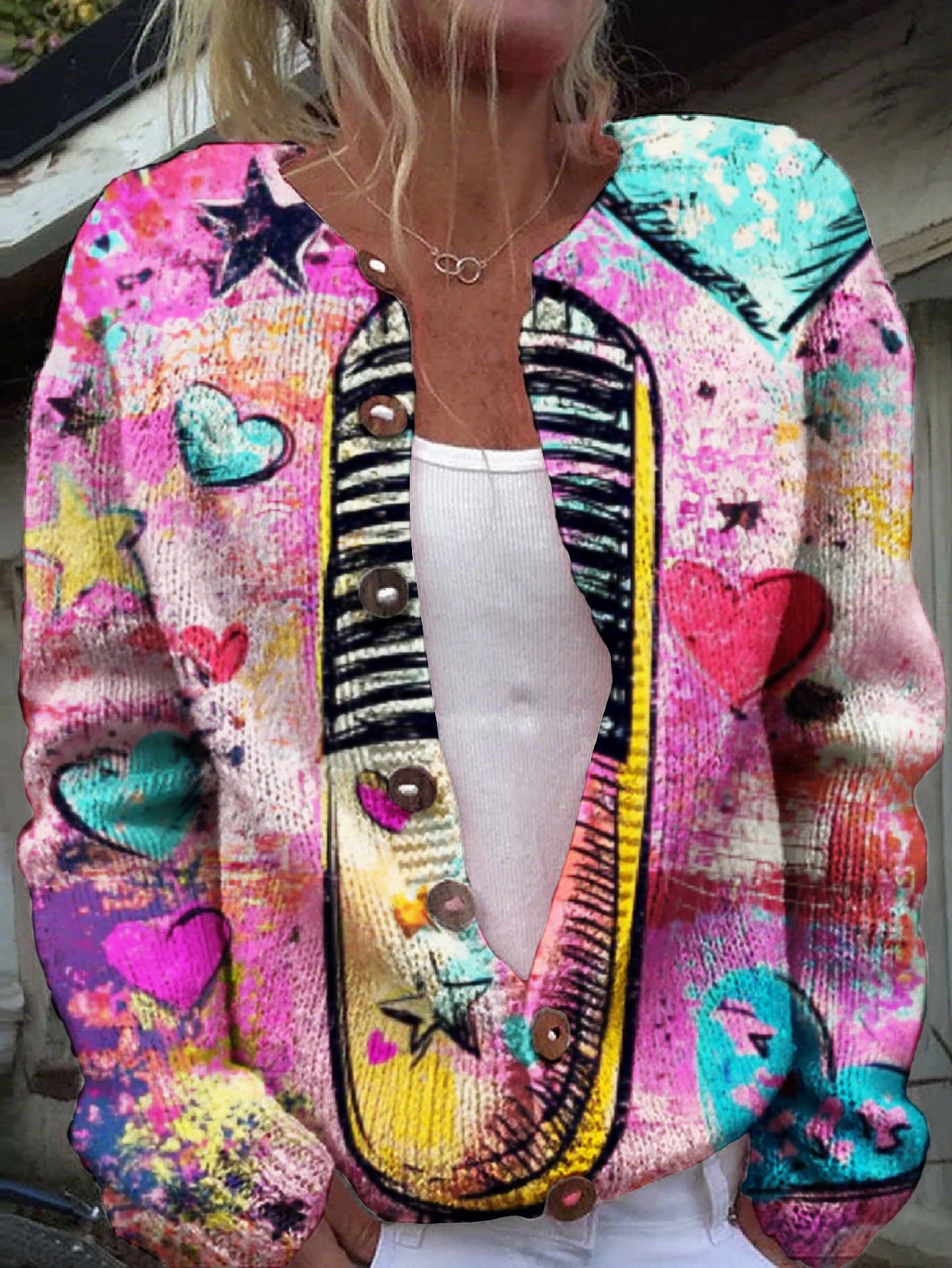 Patchwork Cardigan With Heart And Star Patterns Knitwear