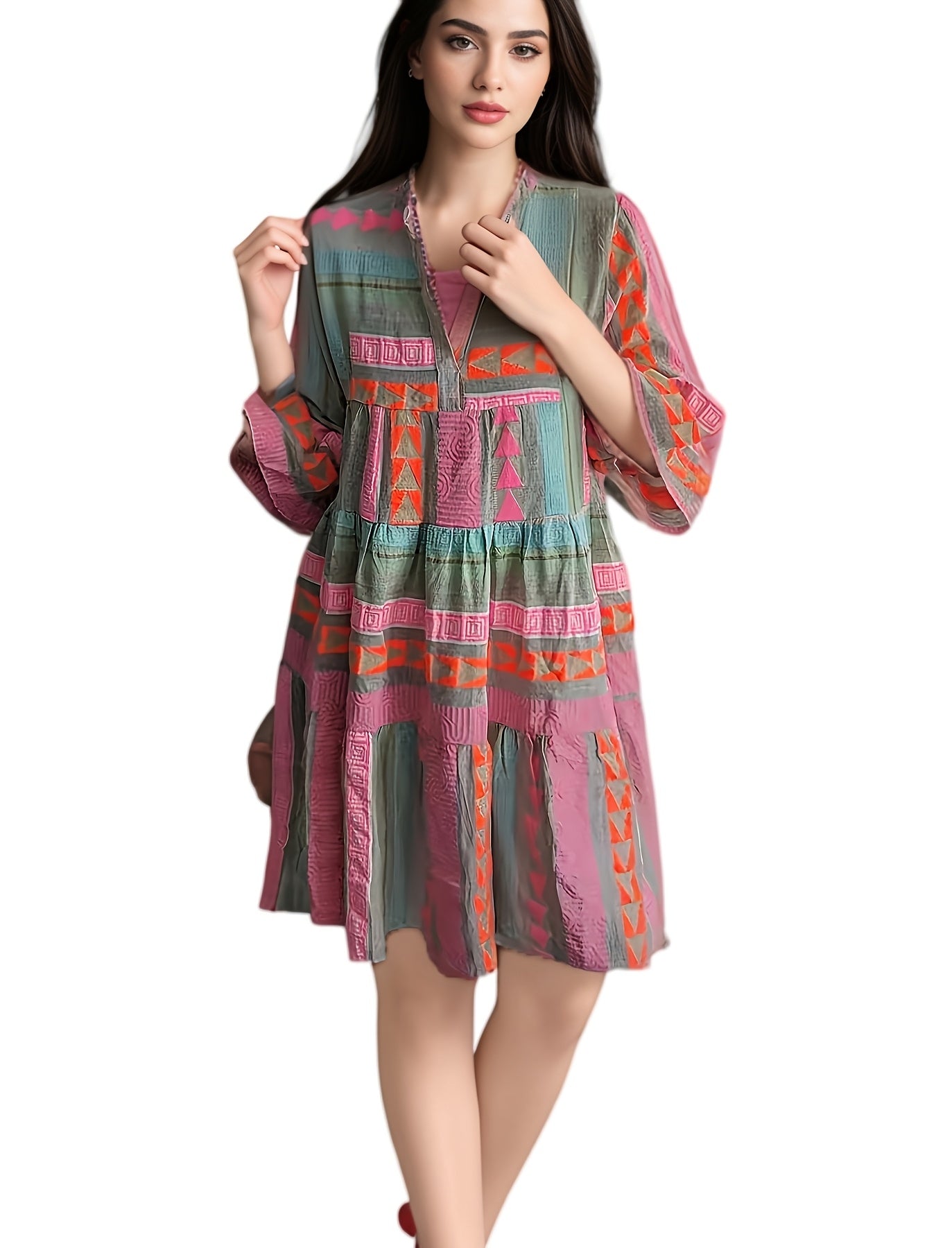European American Autumn Print V Neck Quarter Sleeve Dress