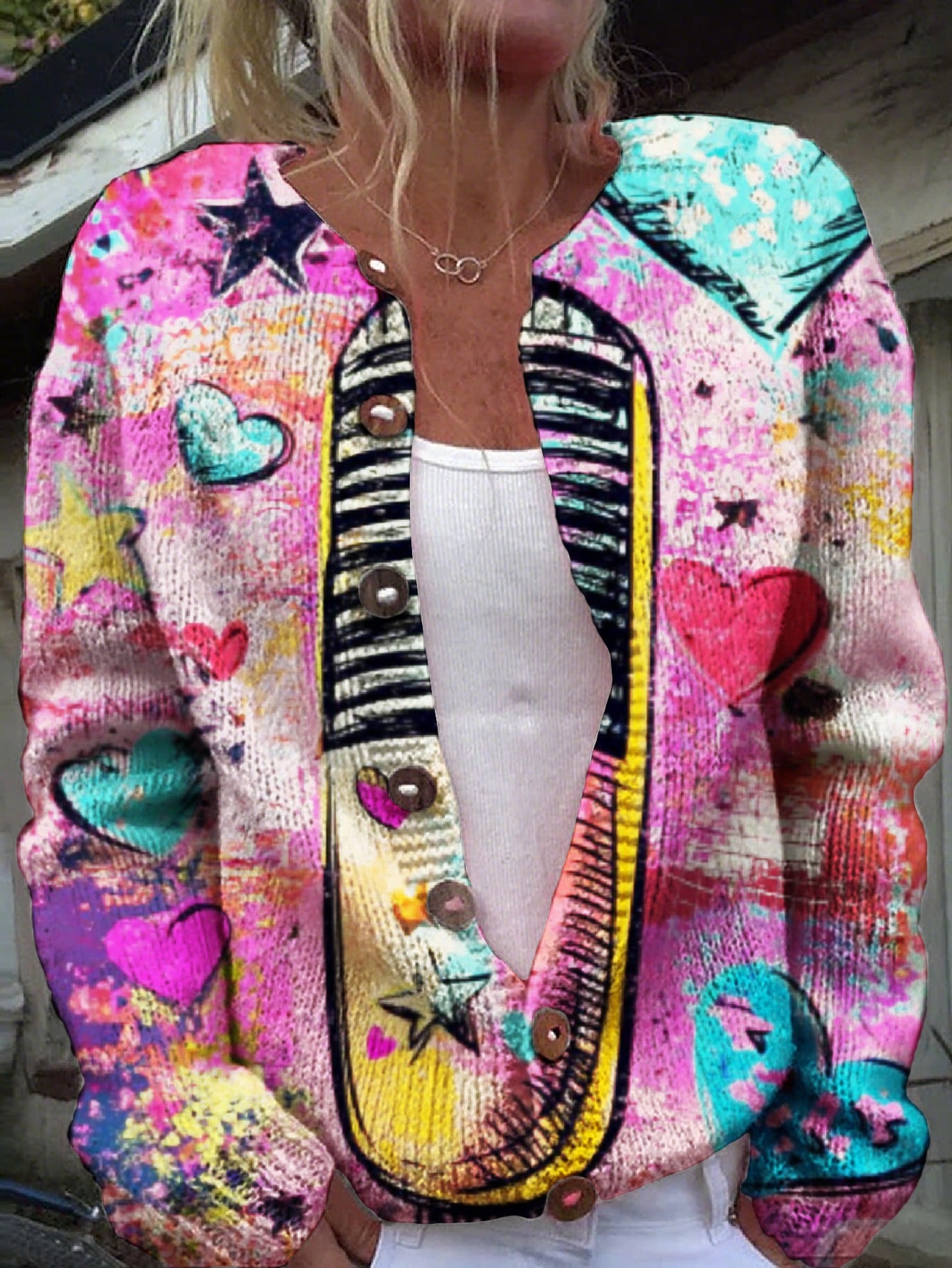 Patchwork Cardigan With Heart And Star Patterns Knitwear