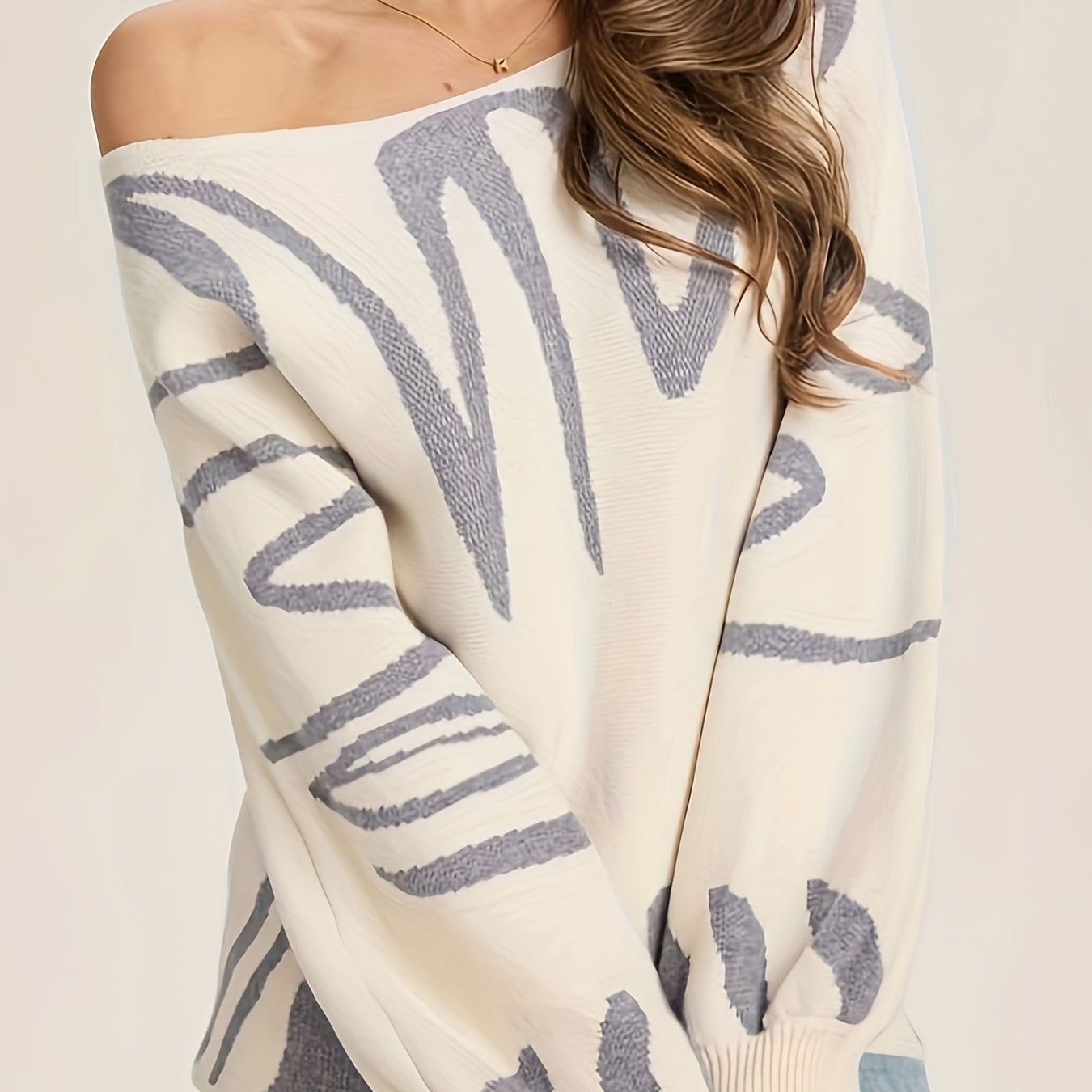 Random Pattern Boat Neck Pullover Sweater Lantern Sleeve