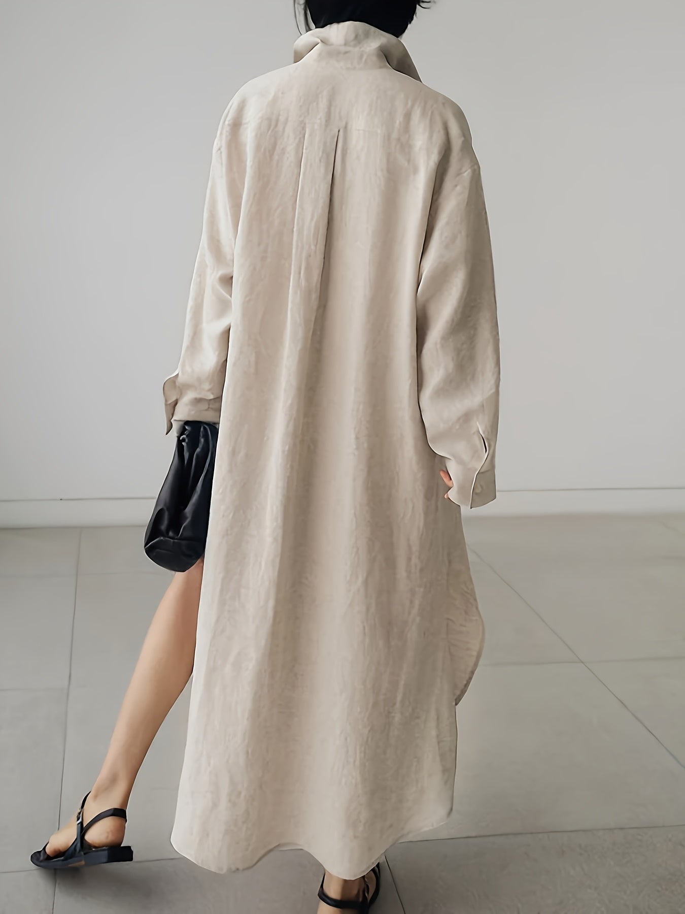 Lapel Collar Linen Shirt Dress Button Front Solid Color