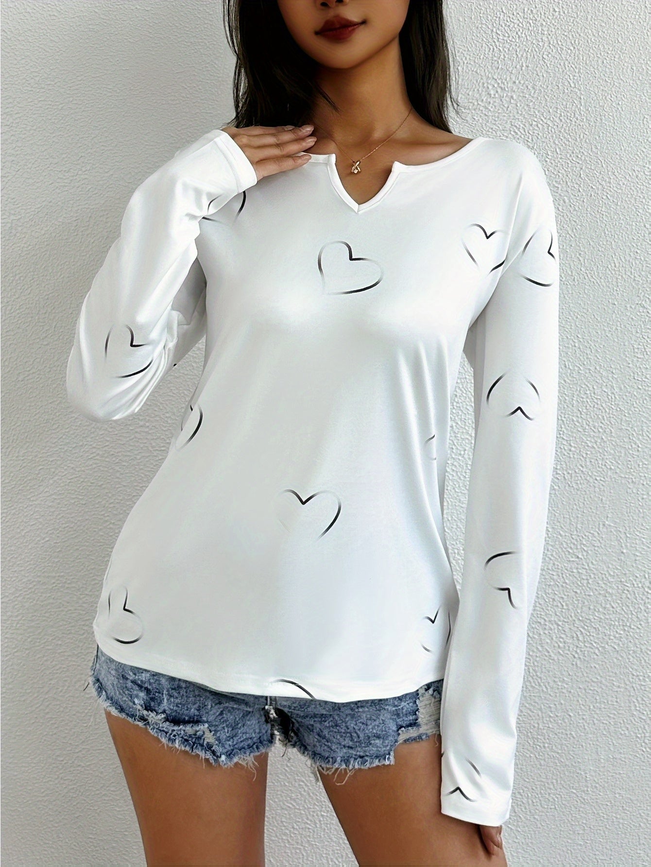Womens Casual V Neck Long Sleeve T Shirt With Heart Print