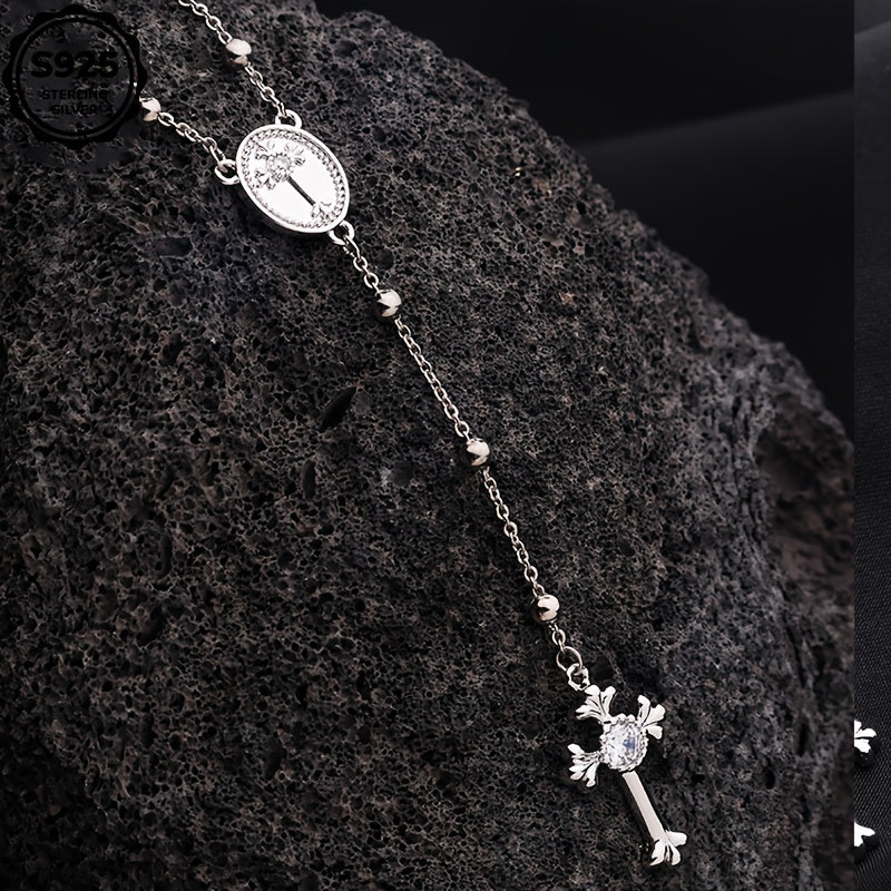 Artpage 925 Sterling Silver Rosary Cross Necklace Y Shape