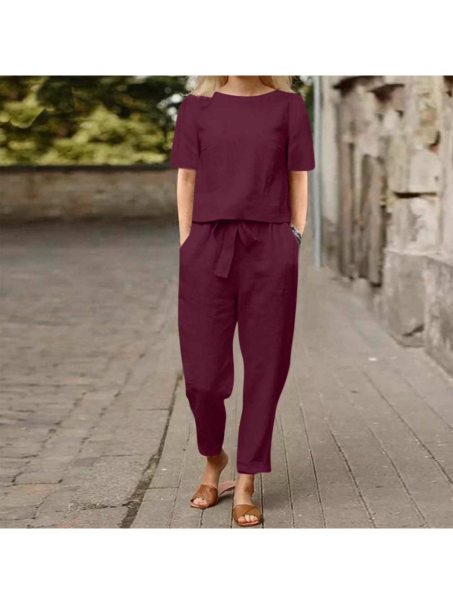 Womens Linen Summer Retro Matching Set With Oversized Blouse