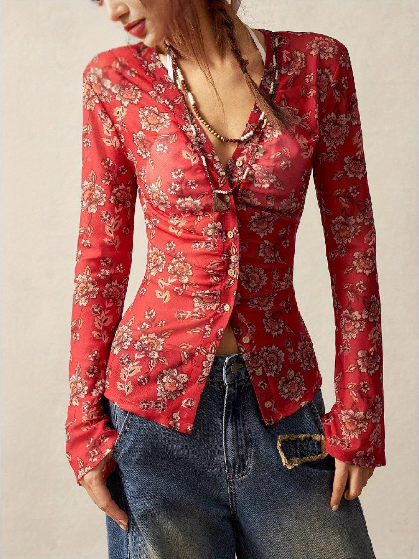 SCACTO Floral Print V Neck Shirt For Everyday Casual Wear