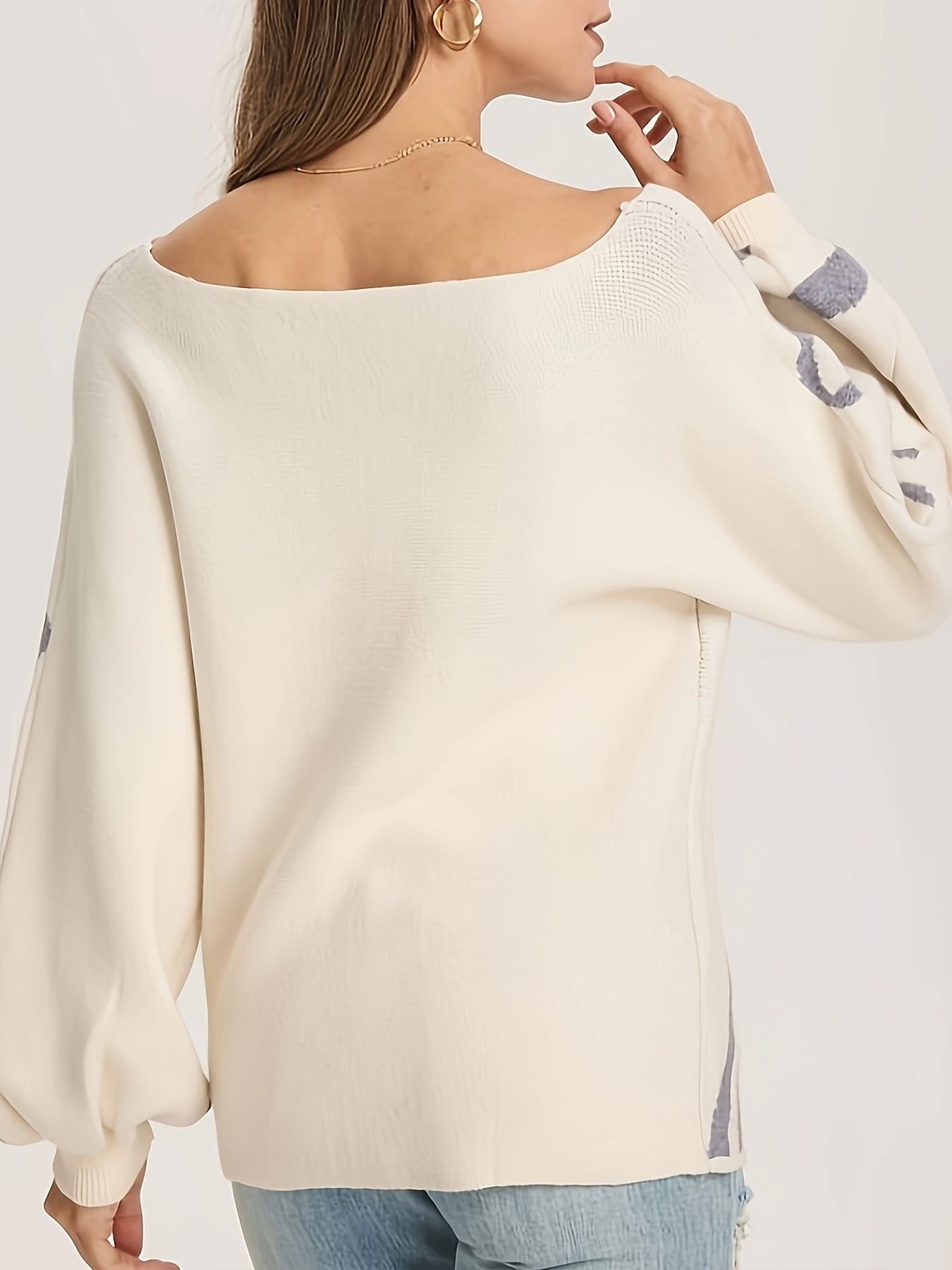 Random Pattern Boat Neck Pullover Sweater Lantern Sleeve