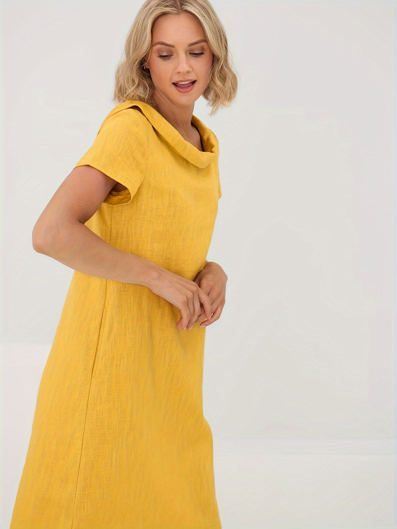 Linen Dress With Pockets Slit Collar Everyday Wear Casual
